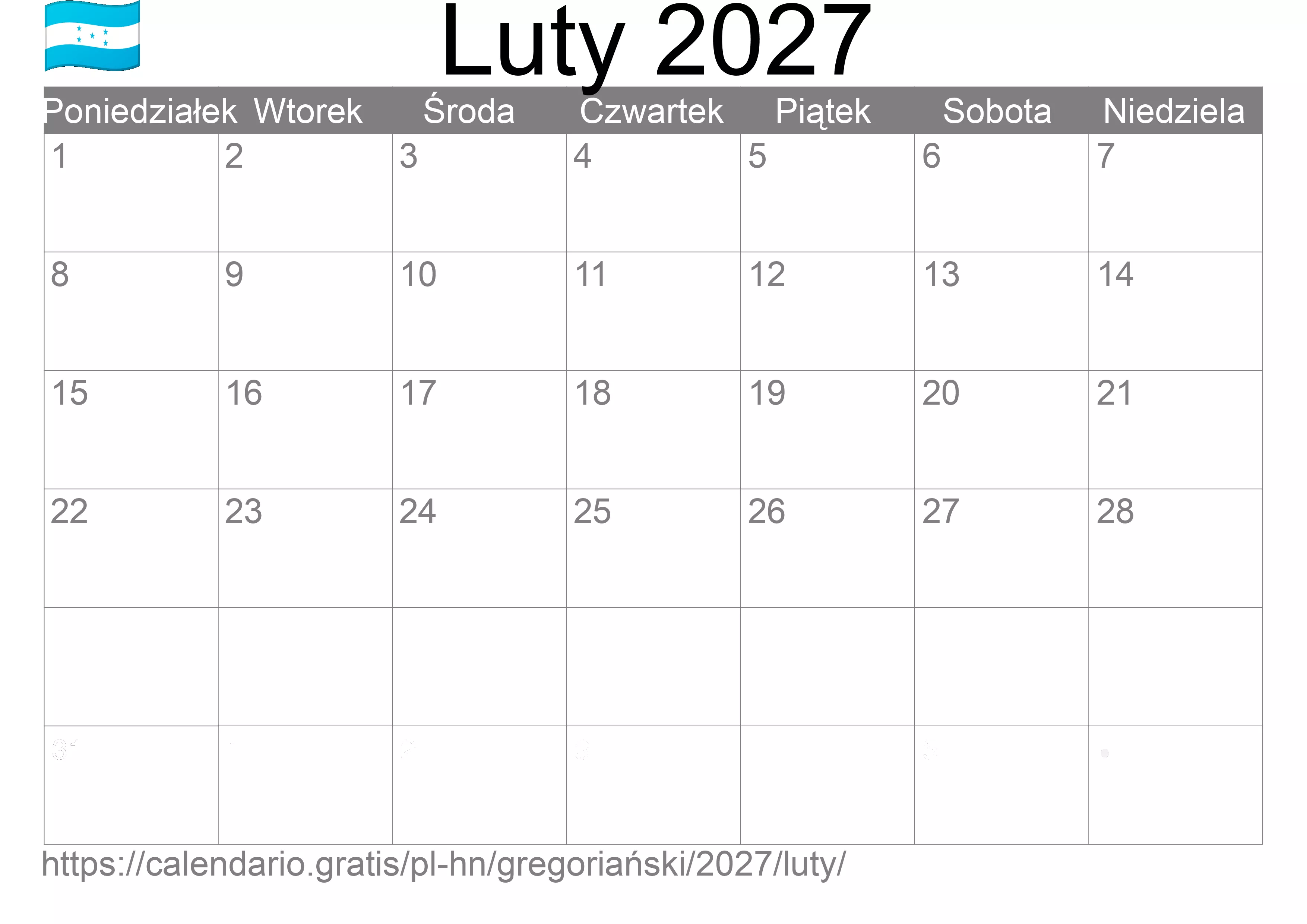 Kalendarz na Luty 2027 do druku (Honduras)