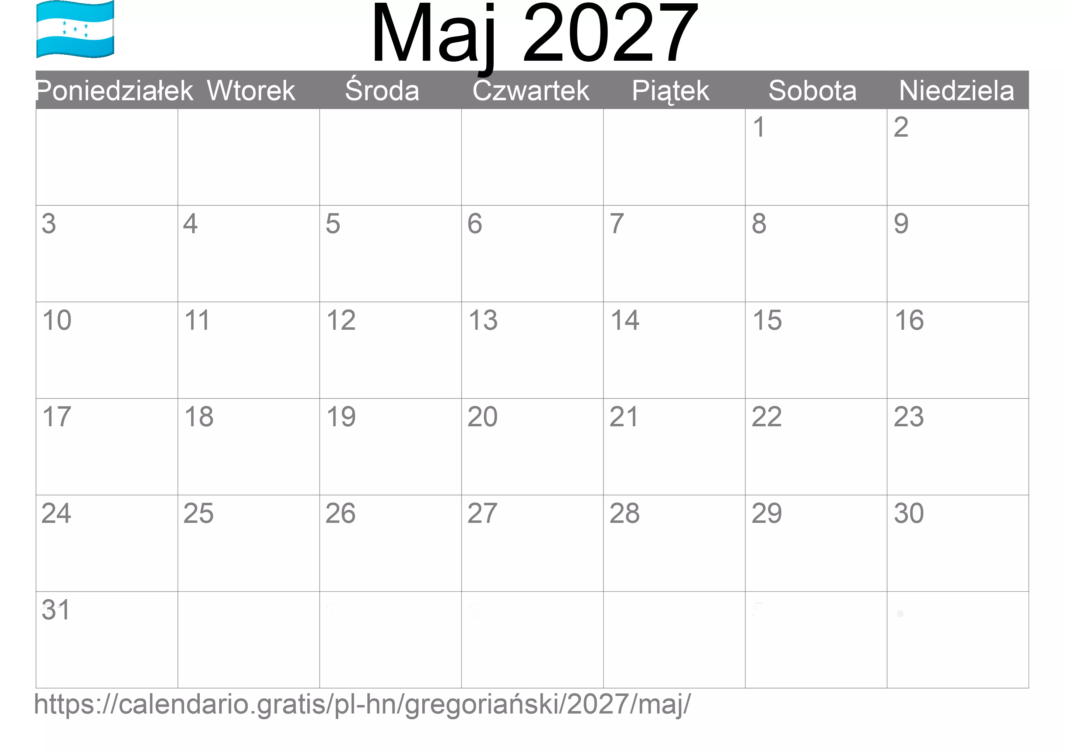 Kalendarz na Maj 2027 do druku (Honduras) Kalendarz na Maj 2027 do druku (Honduras)