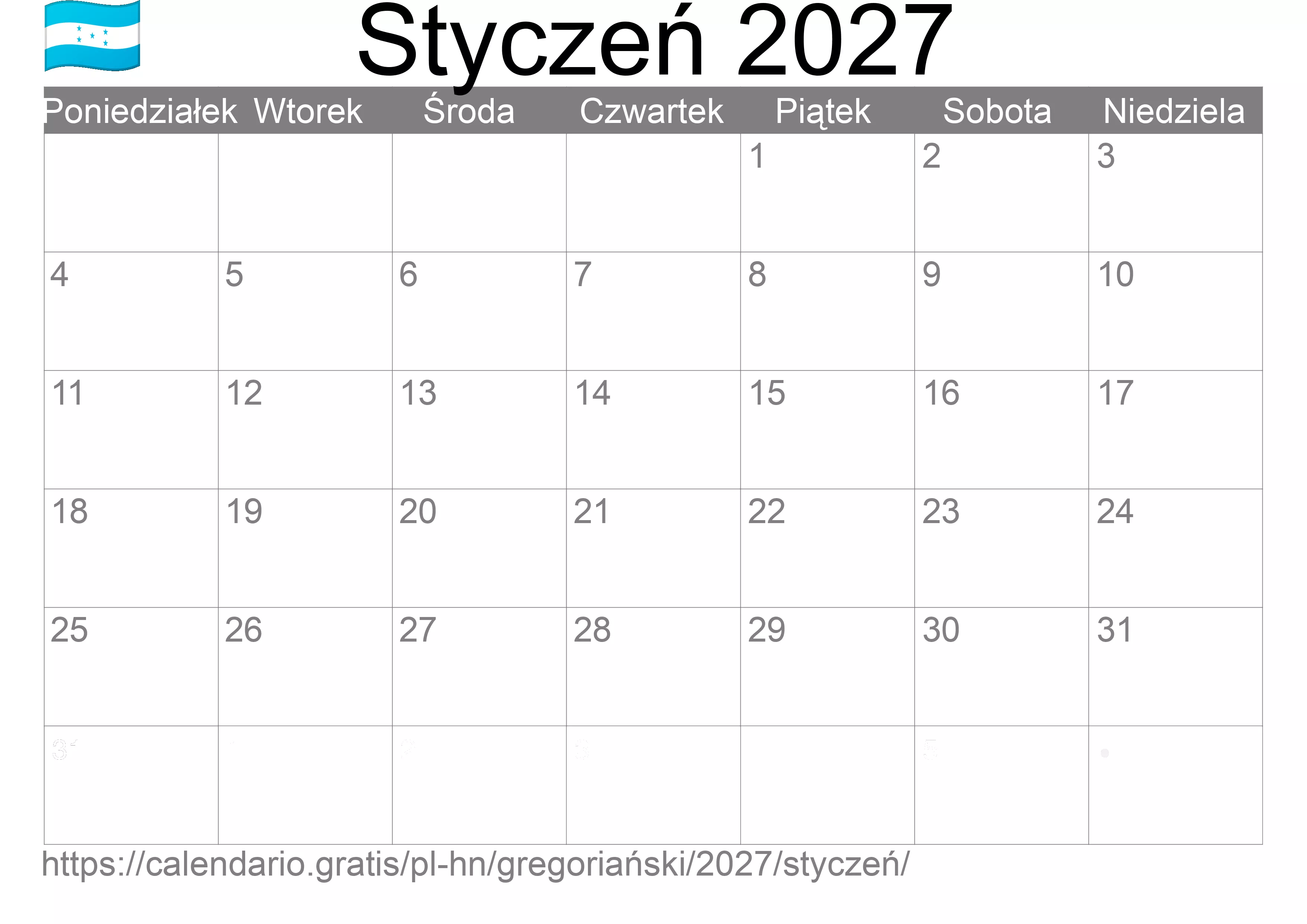 Kalendarz na Styczeń 2027 do druku (Honduras) Kalendarz na Styczeń 2027 do druku (Honduras)
