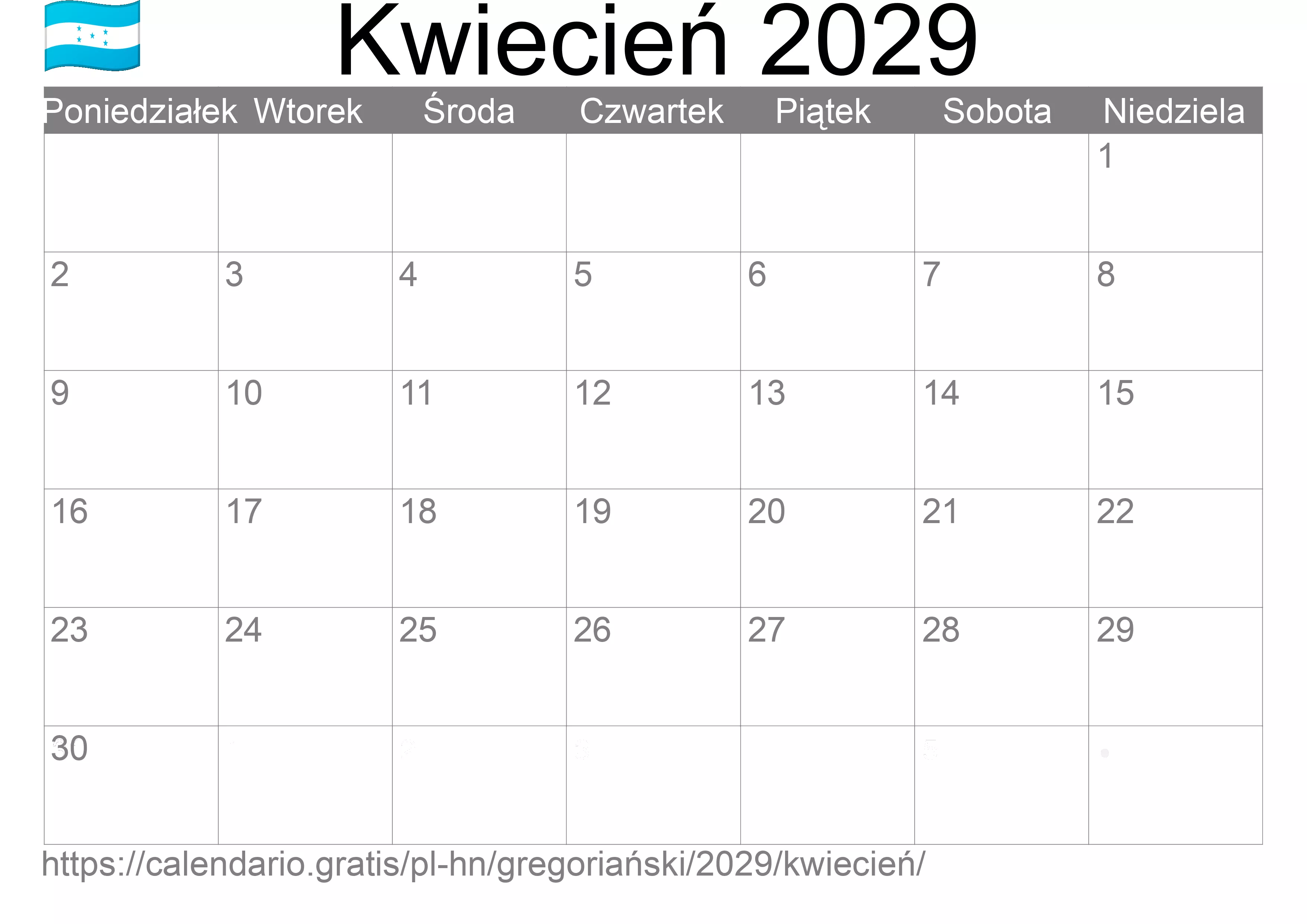 Kalendarz na Kwiecień 2029 do druku (Honduras)