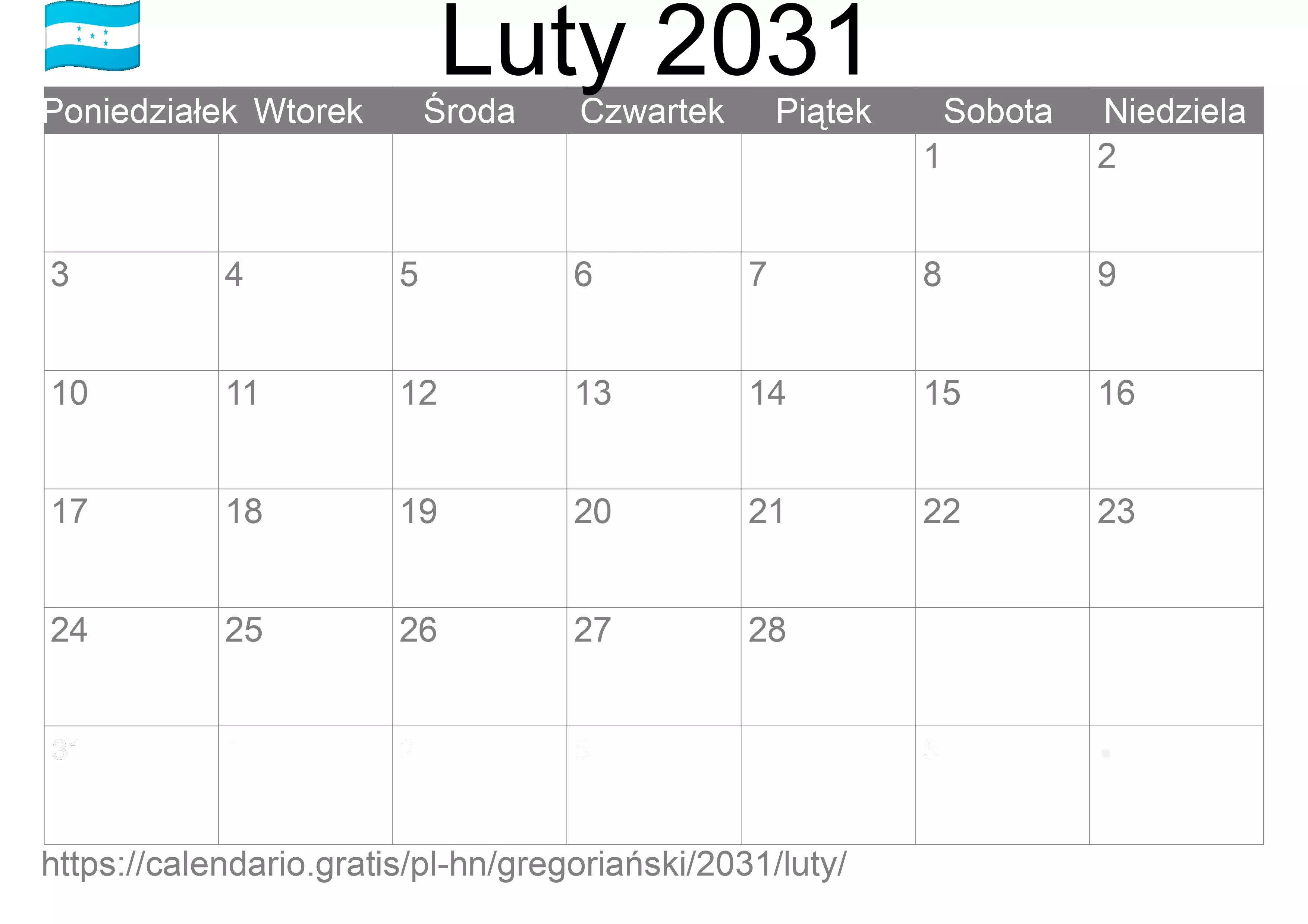 Kalendarz na Luty 2031 do druku (Honduras)