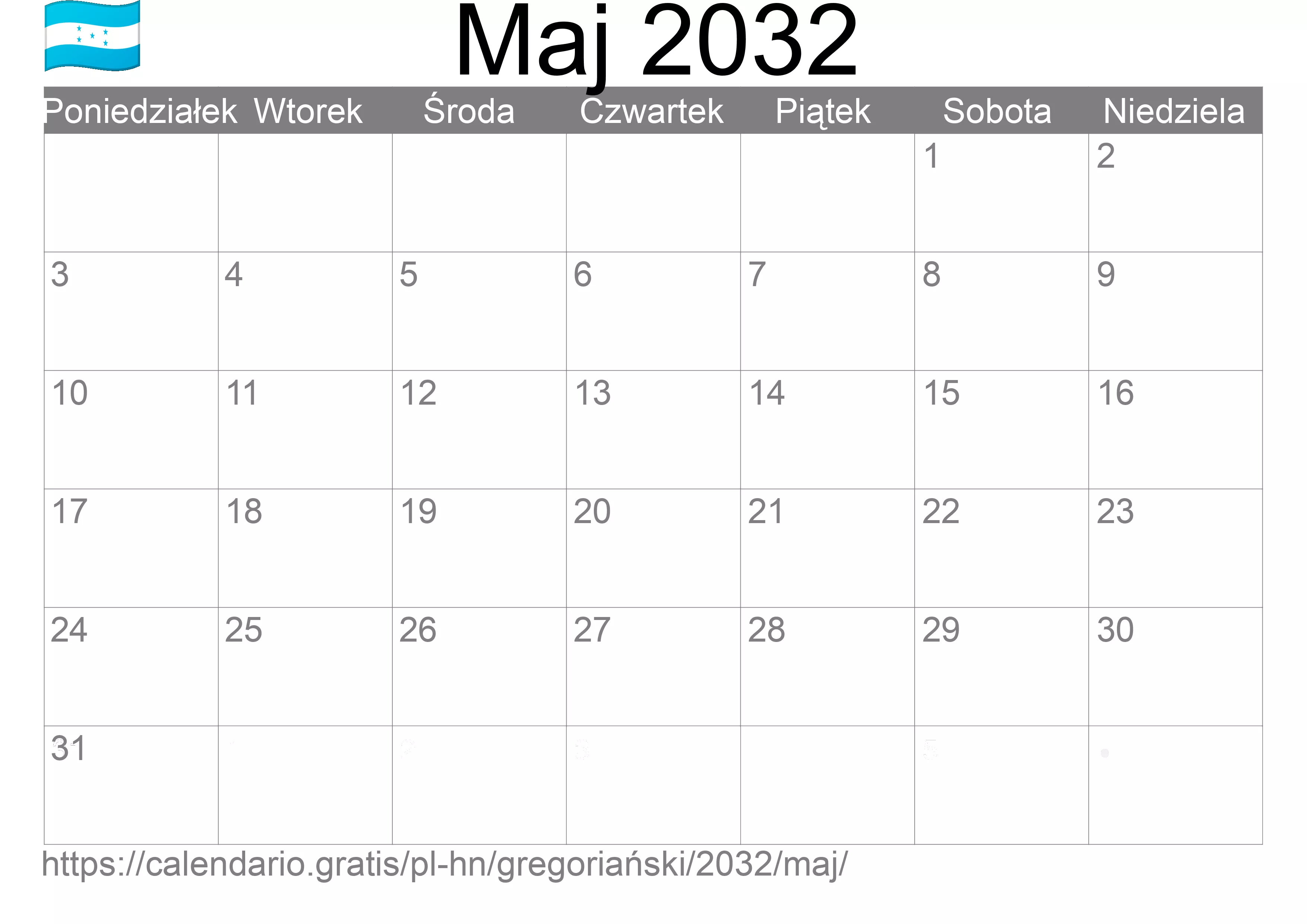 Kalendarz na Maj 2032 do druku (Honduras) Kalendarz na Maj 2032 do druku (Honduras)