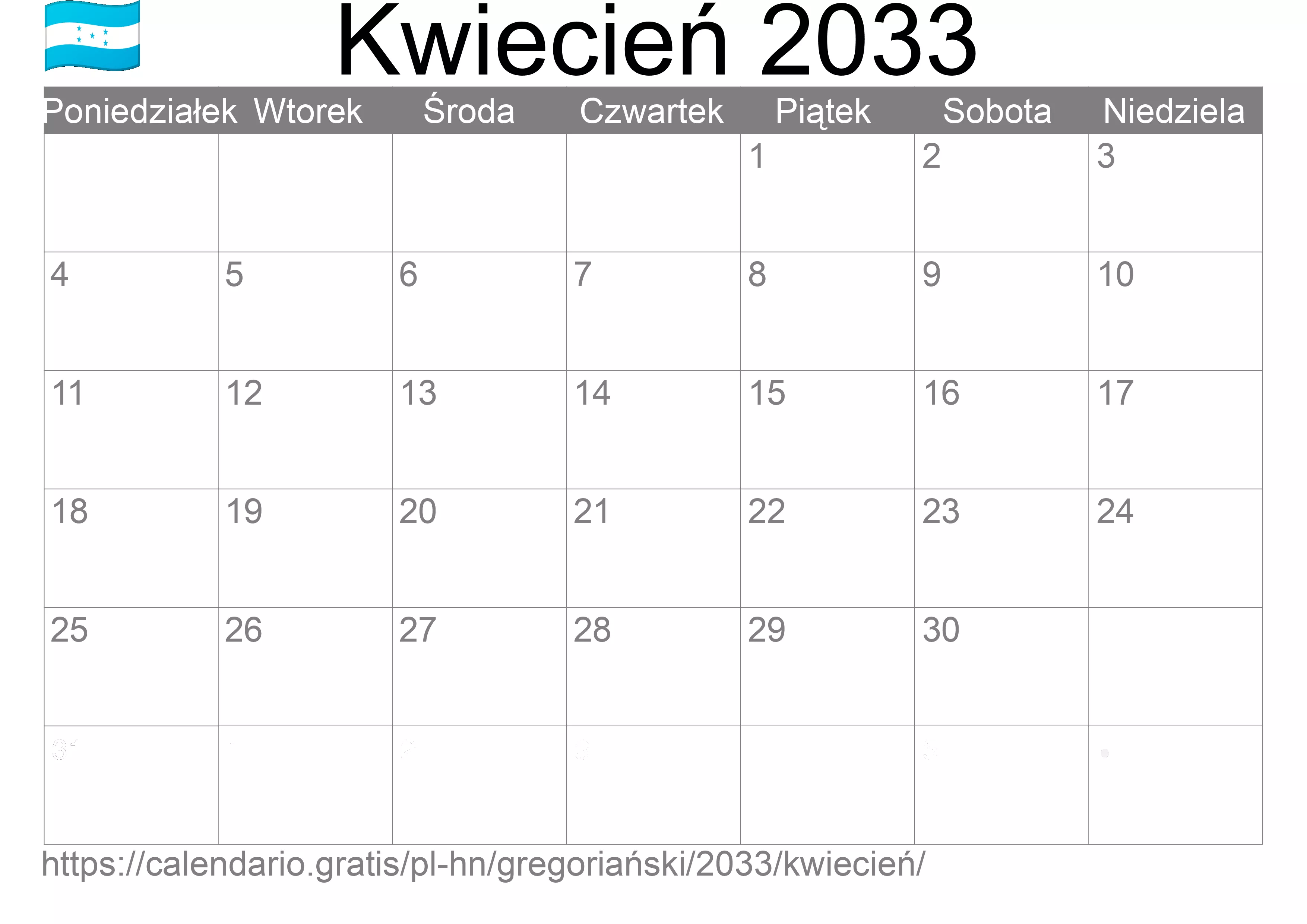 Kalendarz na Kwiecień 2033 do druku (Honduras)