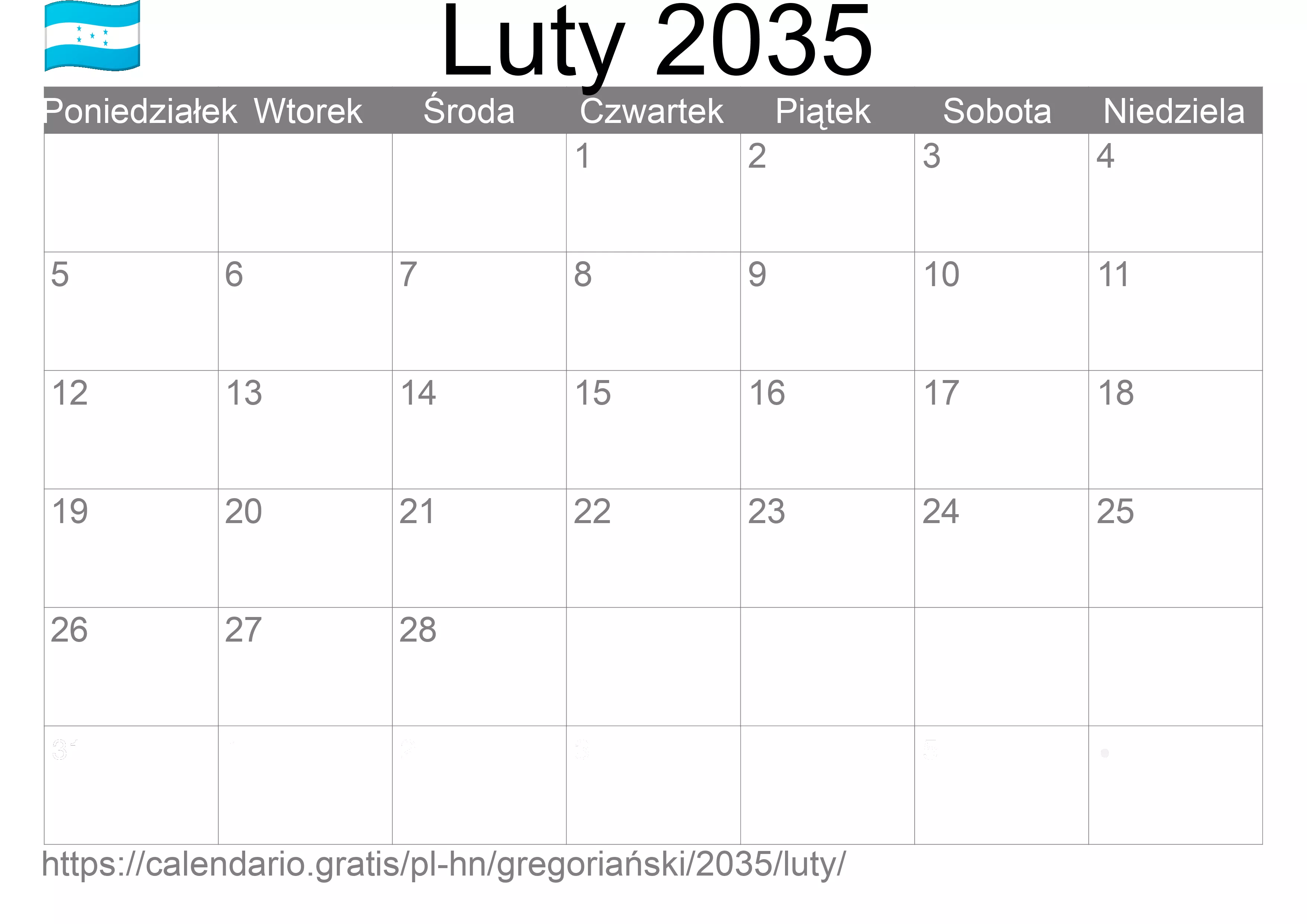 Kalendarz na Luty 2035 do druku (Honduras)
