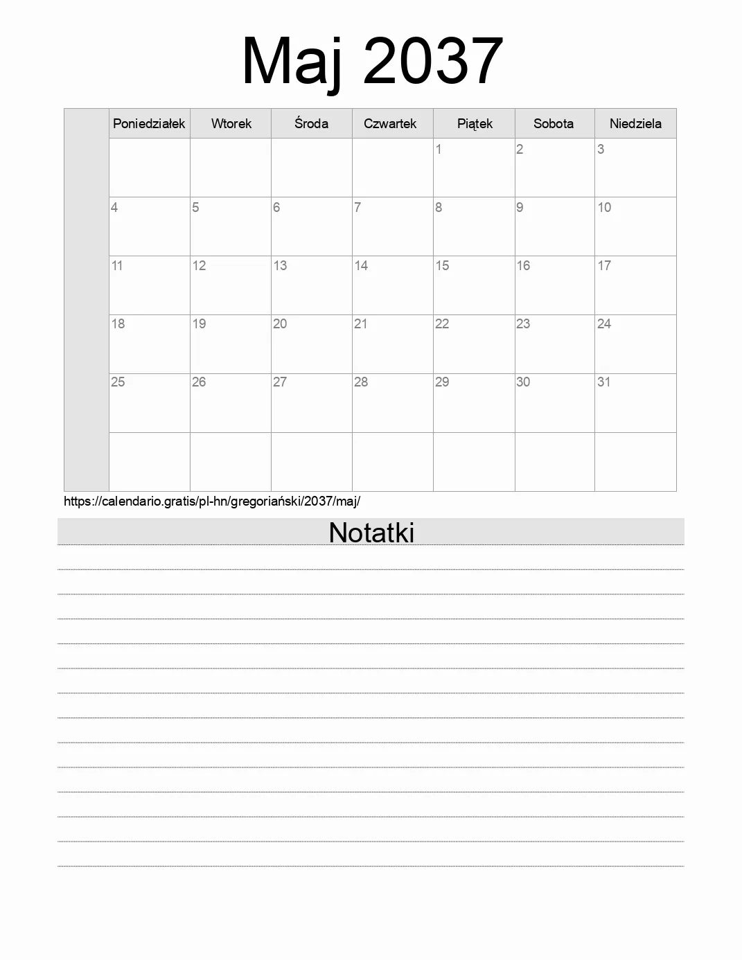 Kalendarz na Maj 2037 do druku z notatkami. (Honduras) Kalendarz na Maj 2037 do druku z notatkami. (Honduras)