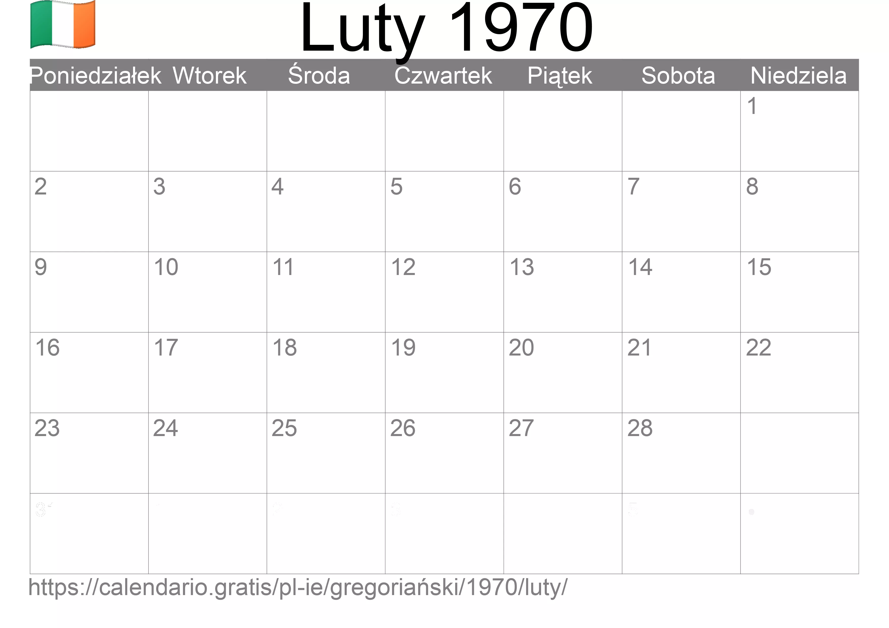 Kalendarz na Luty 1970 do druku (Irlandia)