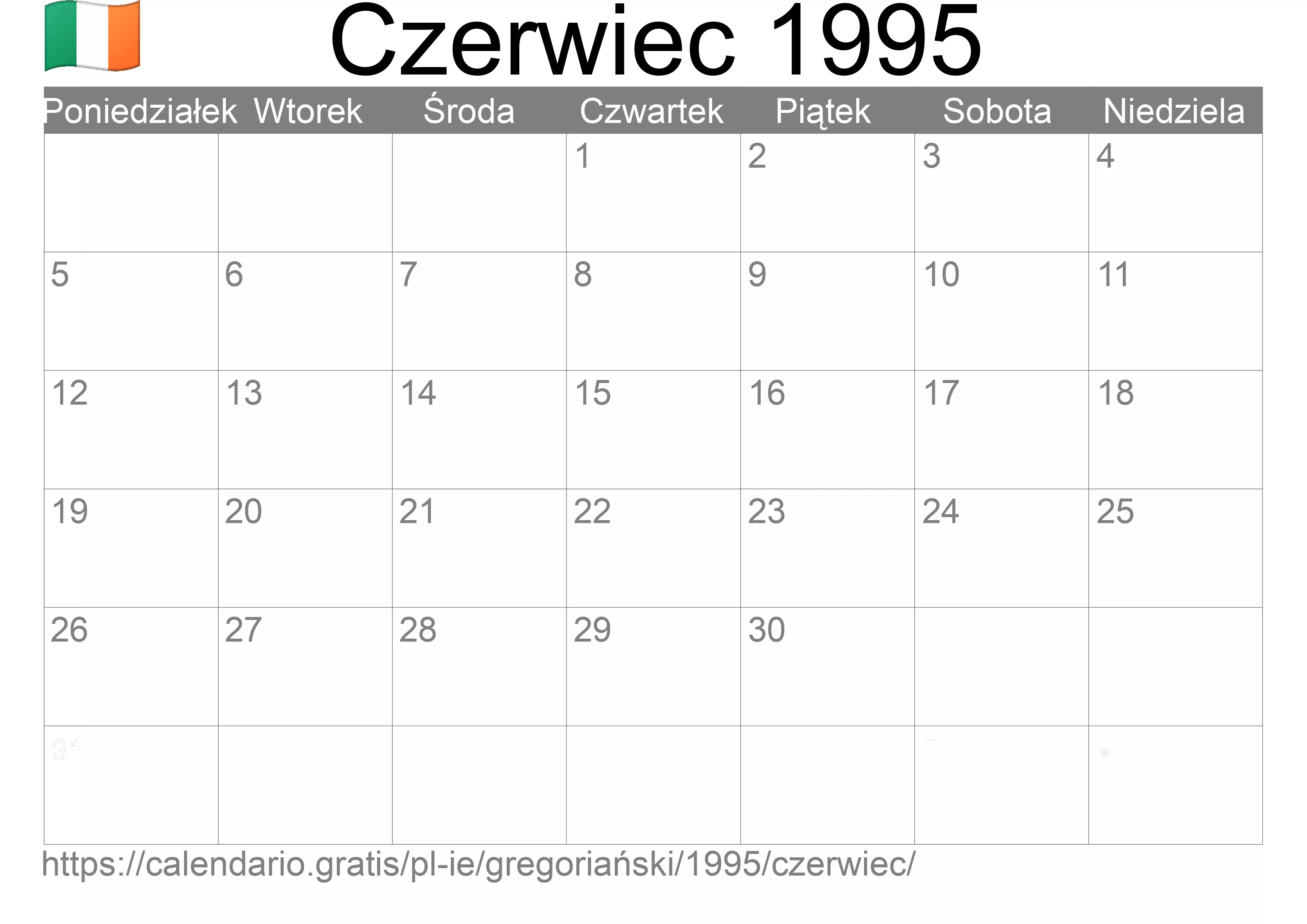 Kalendarz na Czerwiec 1995 do druku (Irlandia) Kalendarz na Czerwiec 1995 do druku (Irlandia)