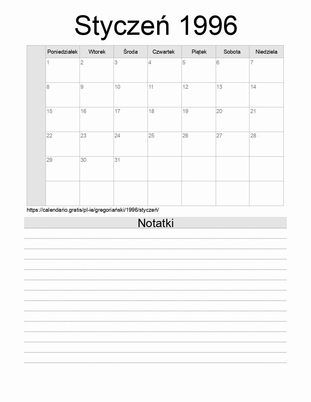 Kalendarz na Styczeń 1996 do druku z notatkami. (Irlandia) Kalendarz na Styczeń 1996 do druku z notatkami. (Irlandia)