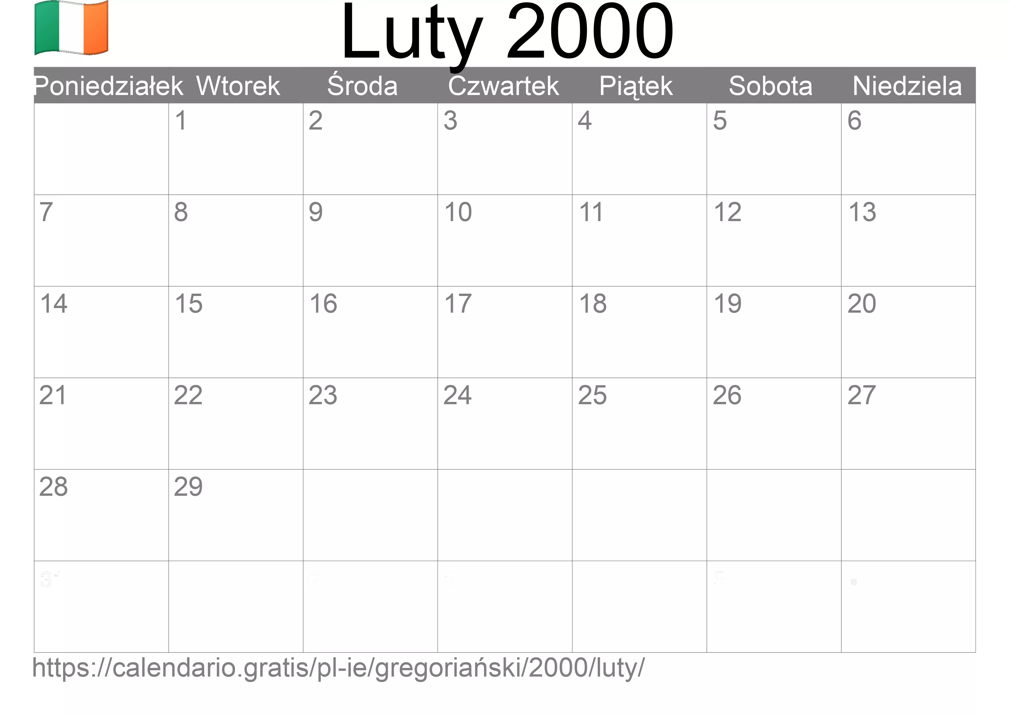 Kalendarz na Luty 2000 do druku (Irlandia)
