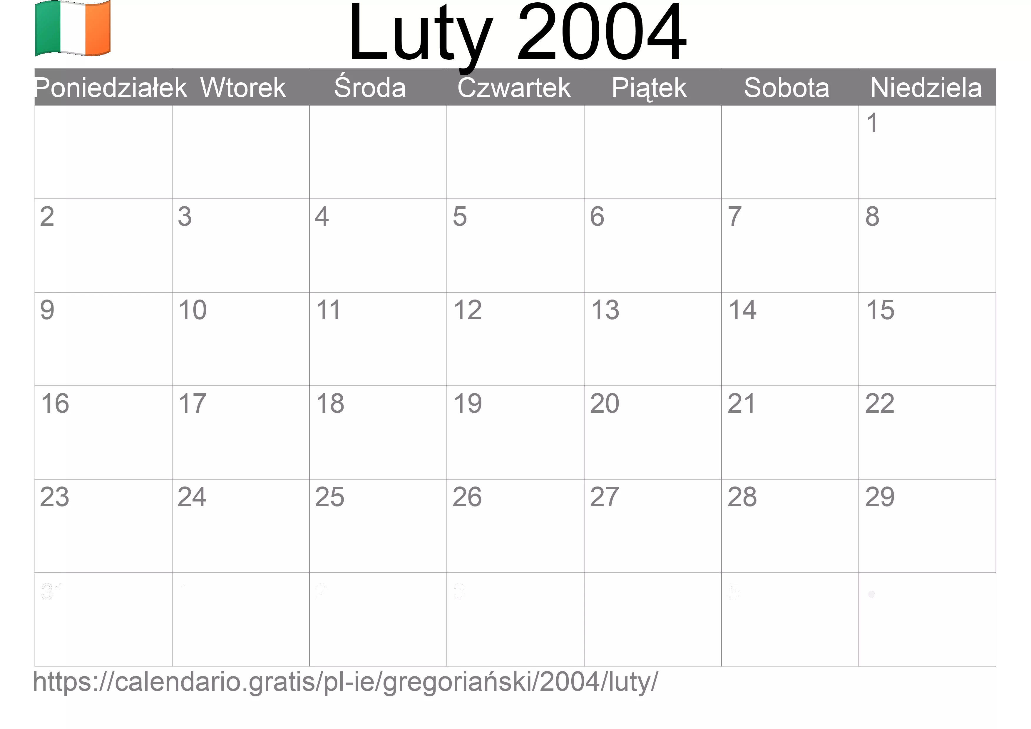 Kalendarz na Luty 2004 do druku (Irlandia)