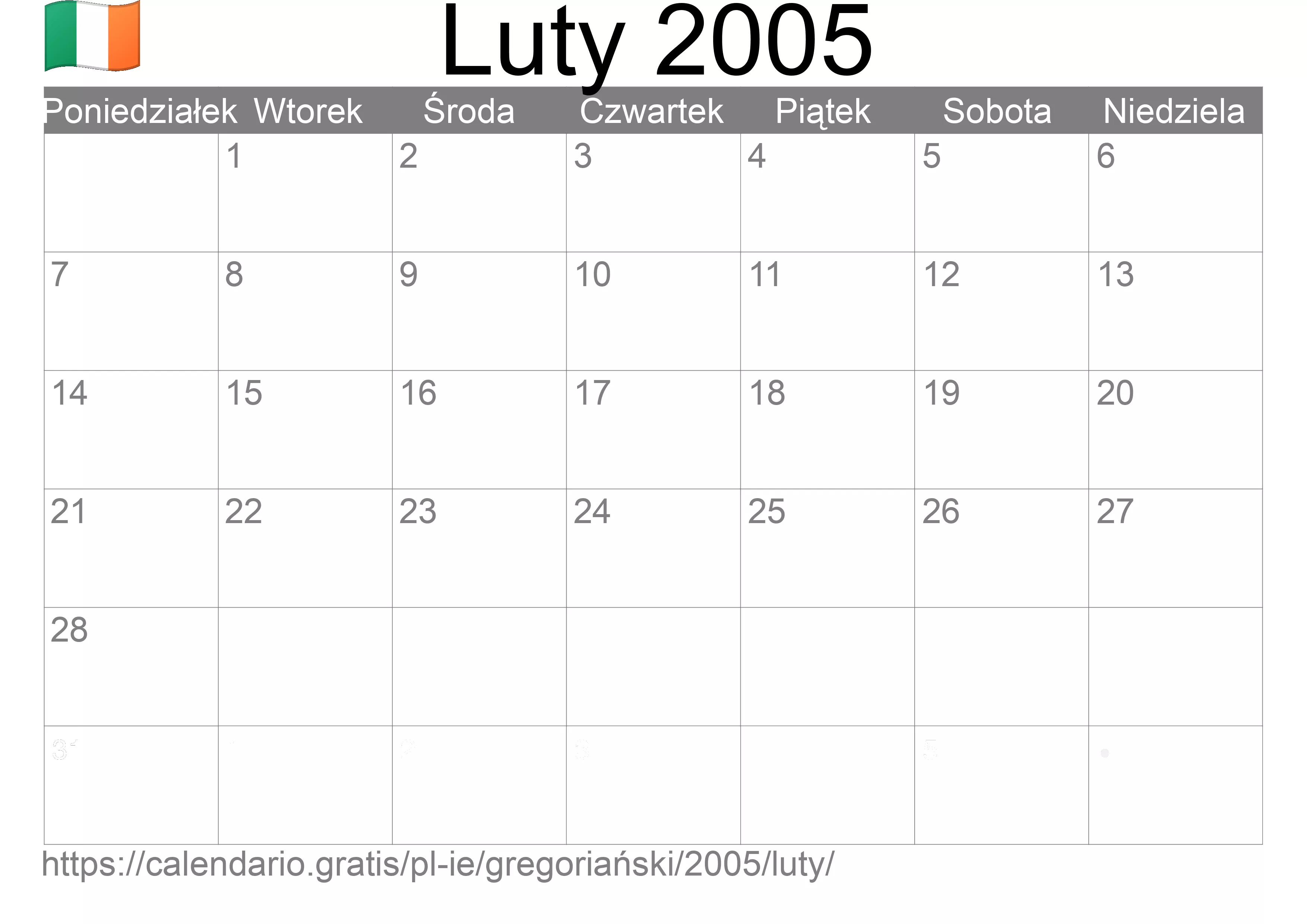 Kalendarz na Luty 2005 do druku (Irlandia)
