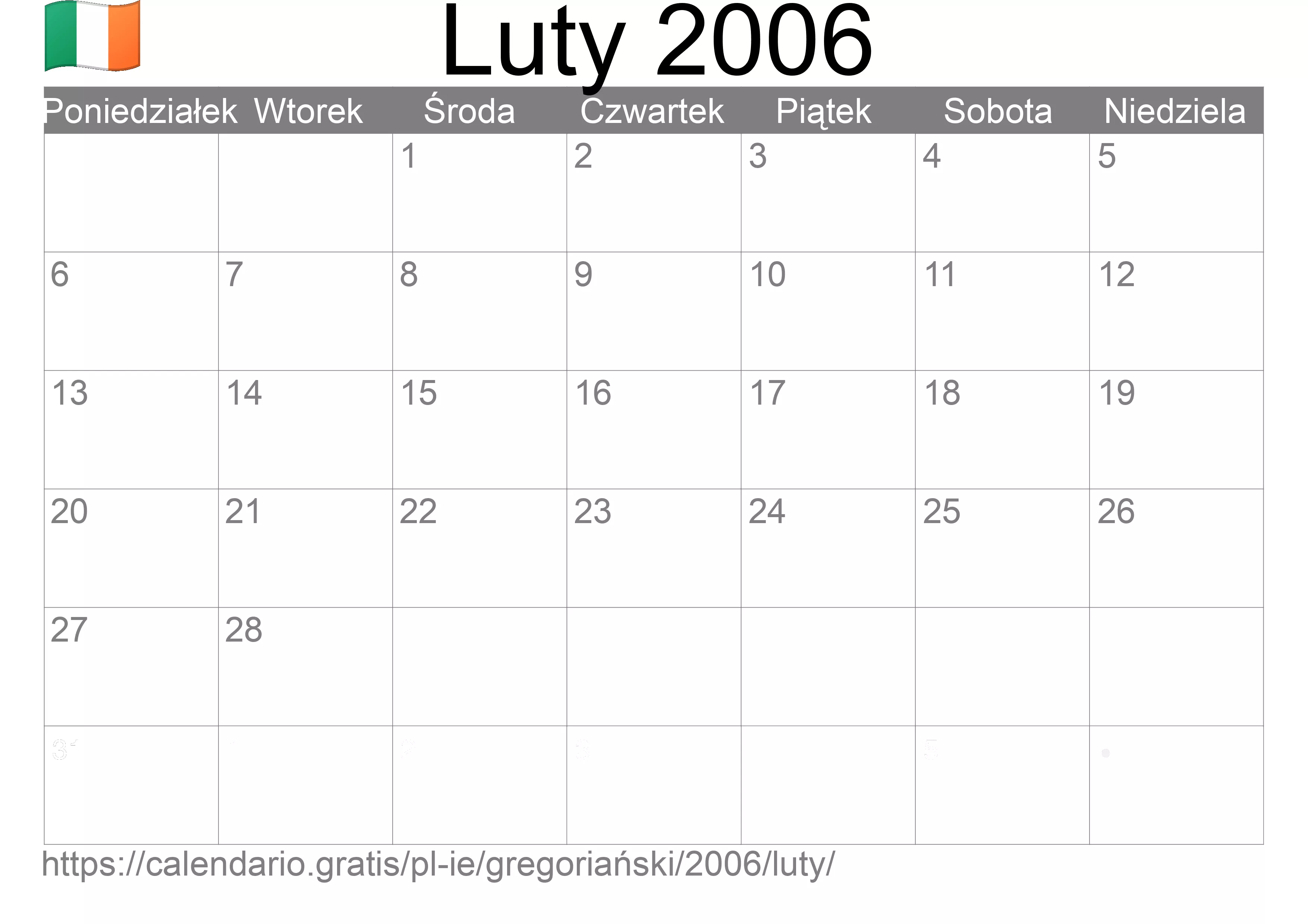 Kalendarz na Luty 2006 do druku (Irlandia)