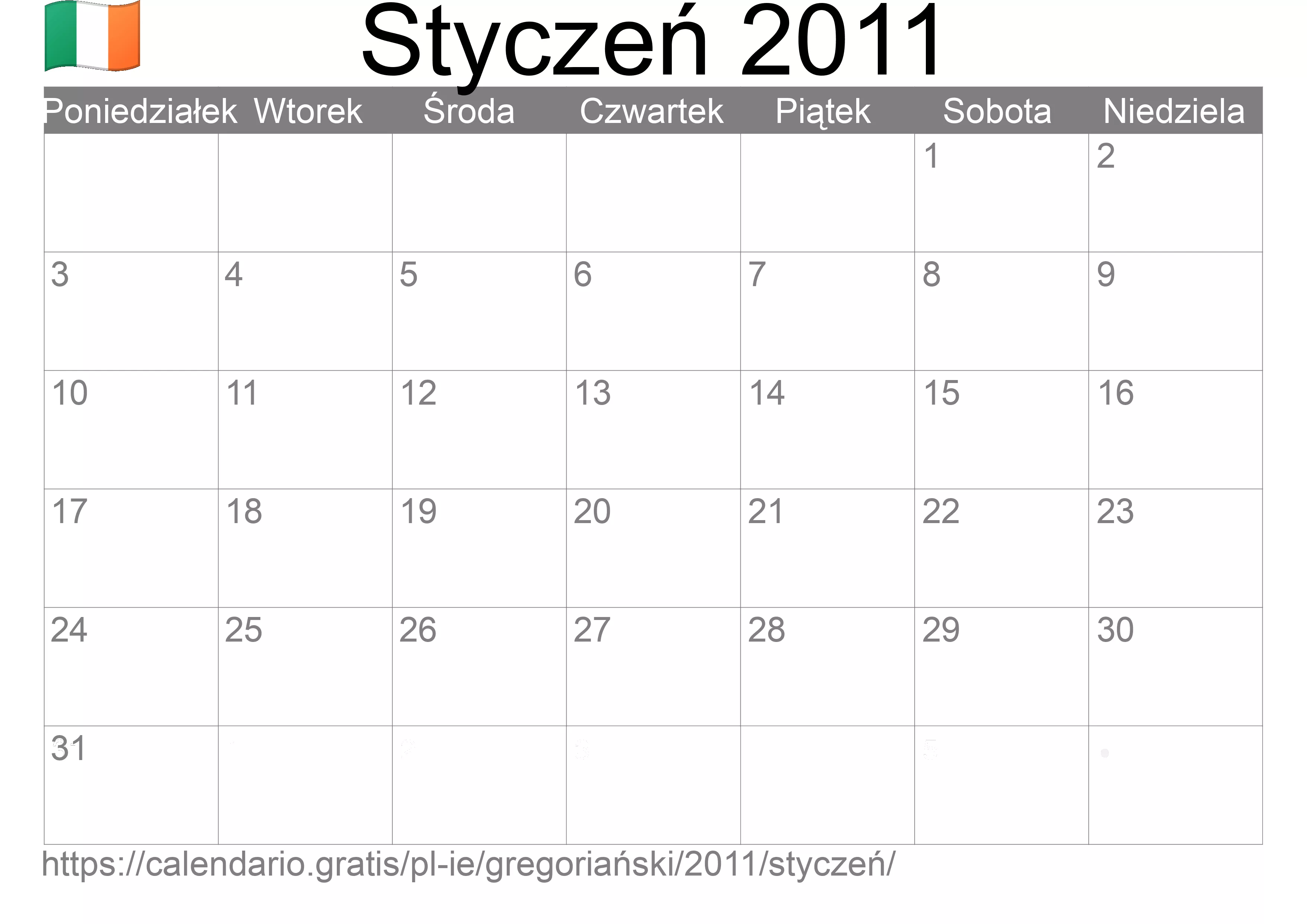 Kalendarz na Styczeń 2011 do druku (Irlandia) Kalendarz na Styczeń 2011 do druku (Irlandia)