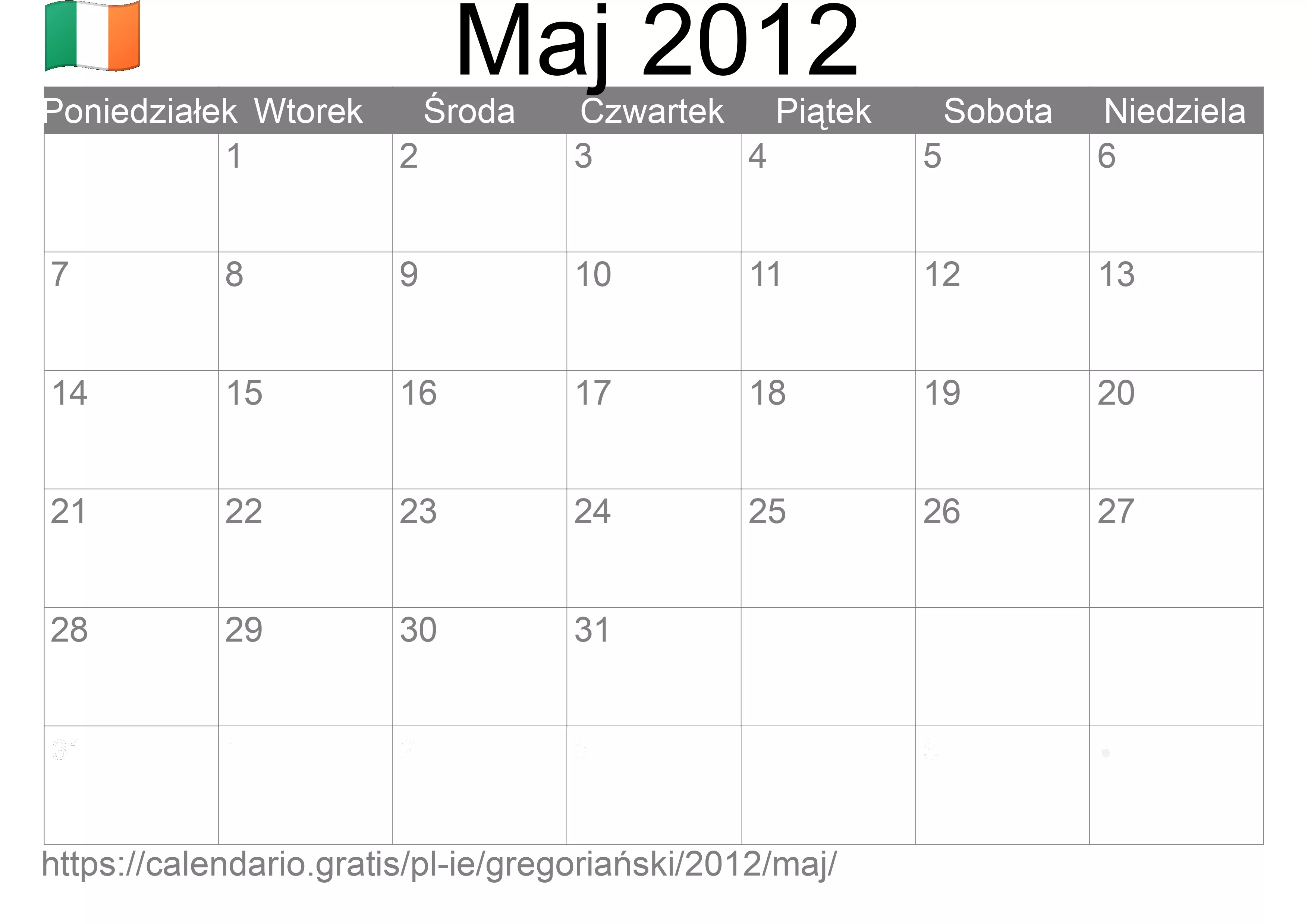 Kalendarz na Maj 2012 do druku (Irlandia) Kalendarz na Maj 2012 do druku (Irlandia)