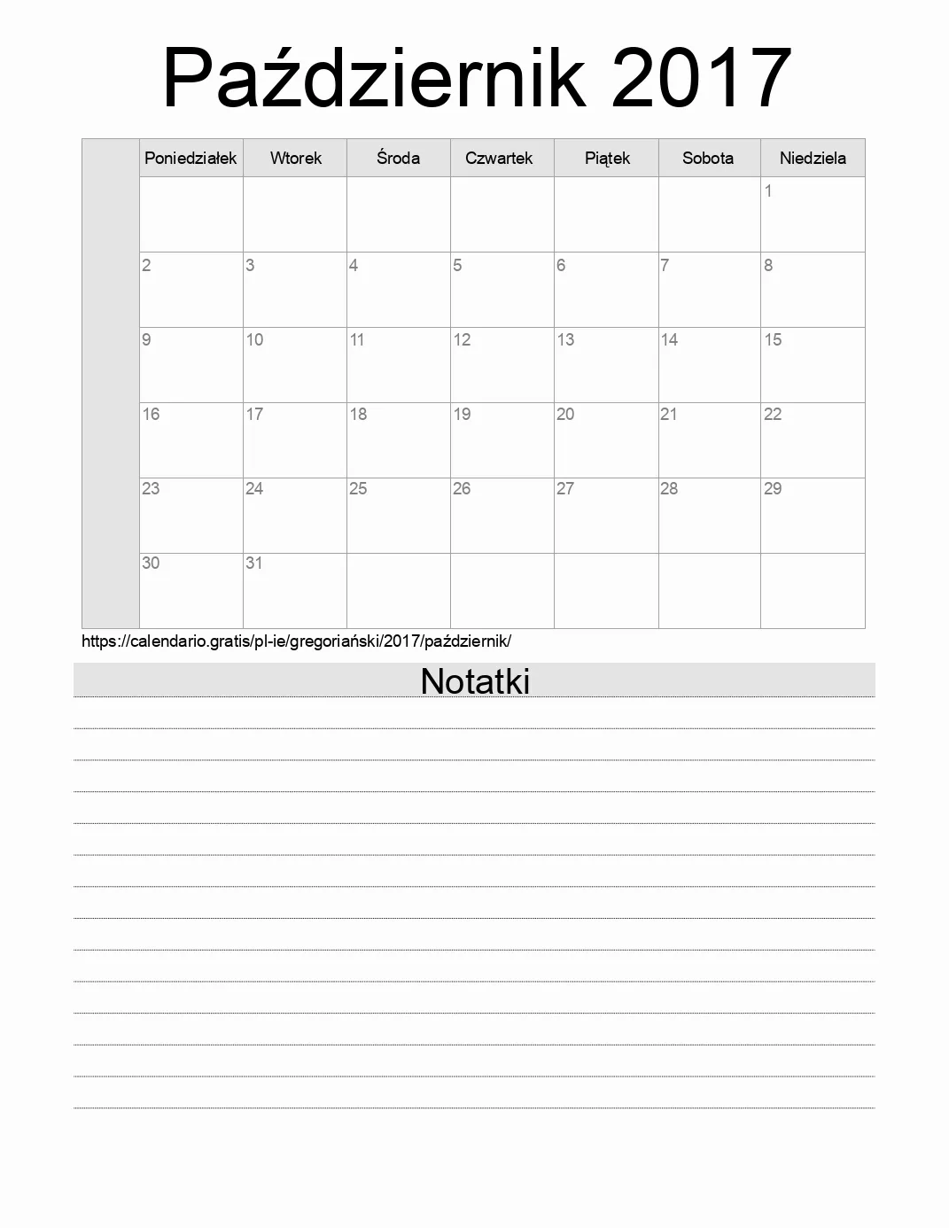 Kalendarz na Październik 2017 do druku z notatkami. (Irlandia) Kalendarz na Październik 2017 do druku z notatkami. (Irlandia)