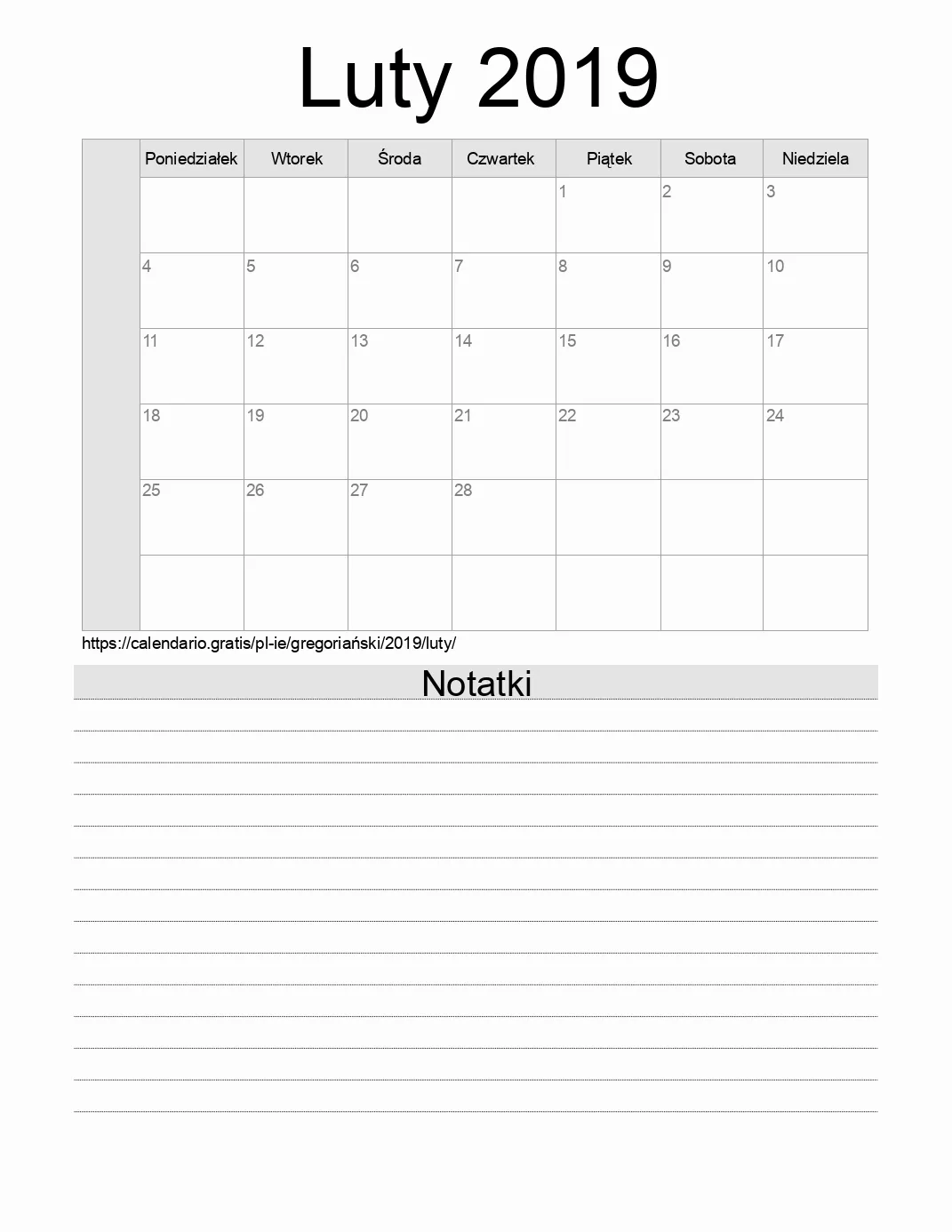 Kalendarz na Luty 2019 do druku z notatkami. (Irlandia)