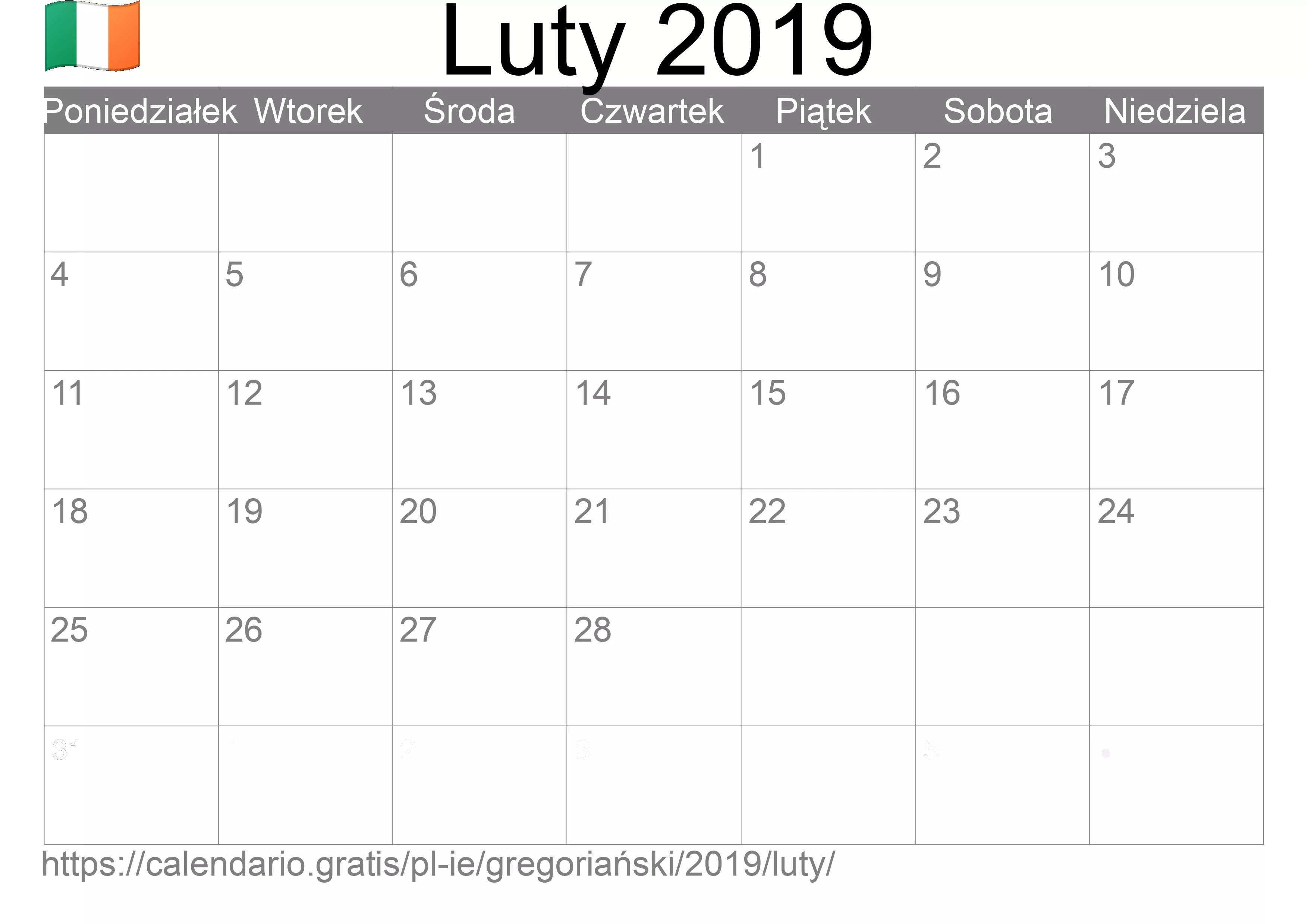 Kalendarz na Luty 2019 do druku (Irlandia)