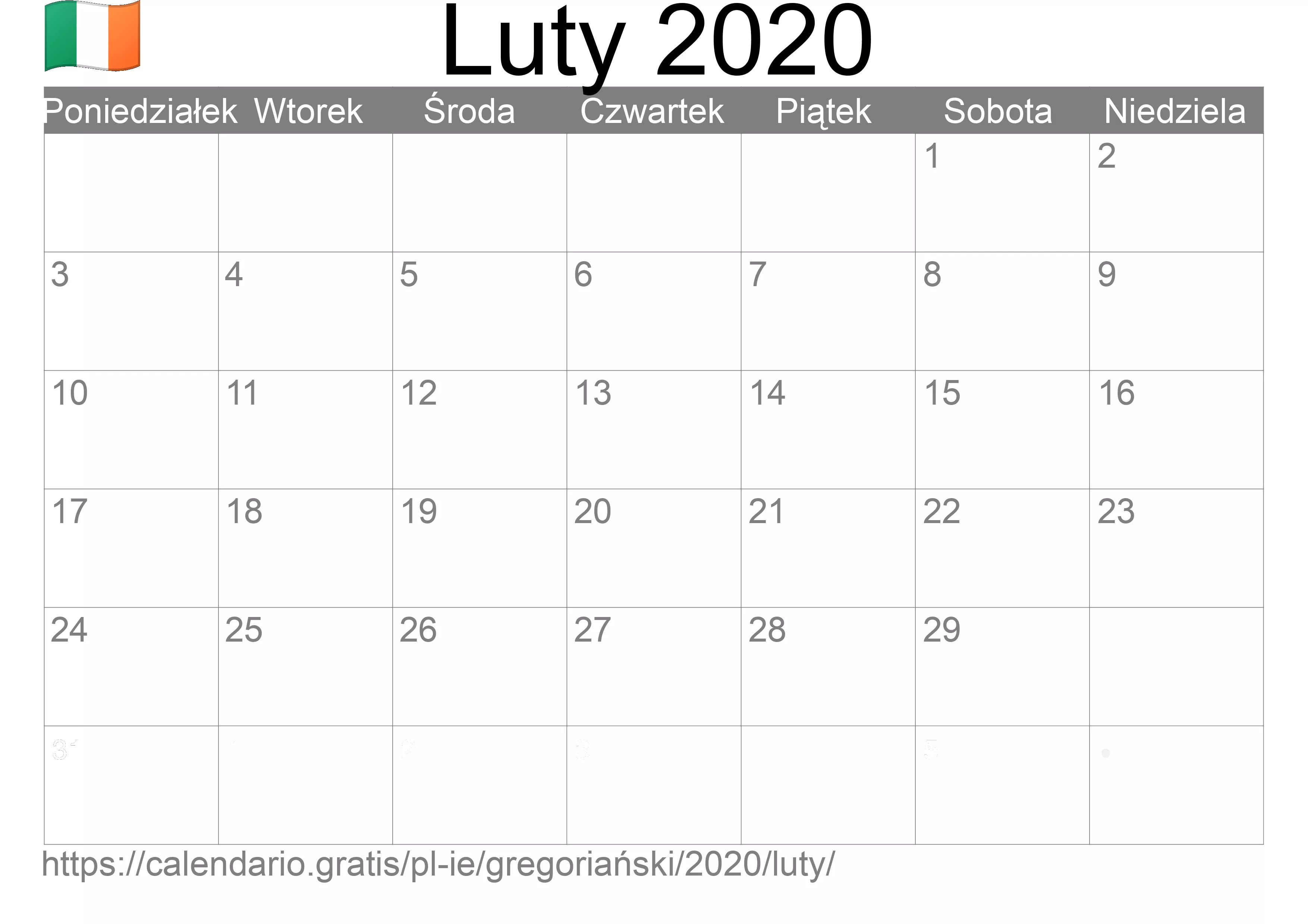 Kalendarz na Luty 2020 do druku (Irlandia)