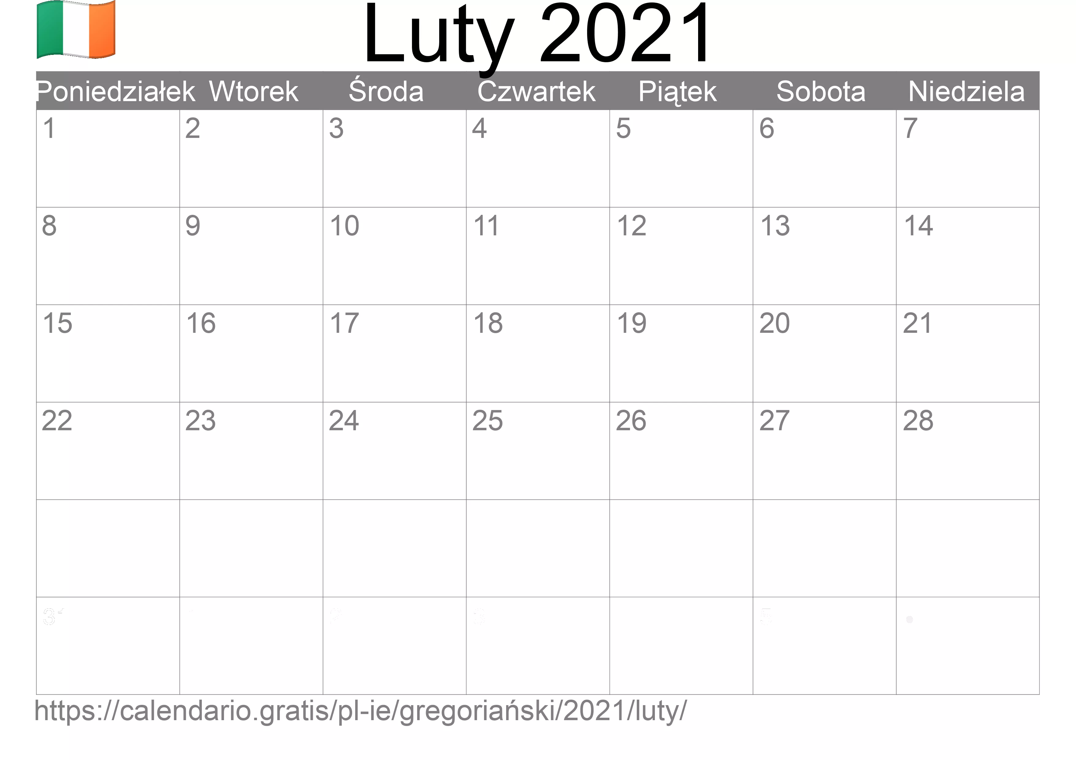 Kalendarz na Luty 2021 do druku (Irlandia)
