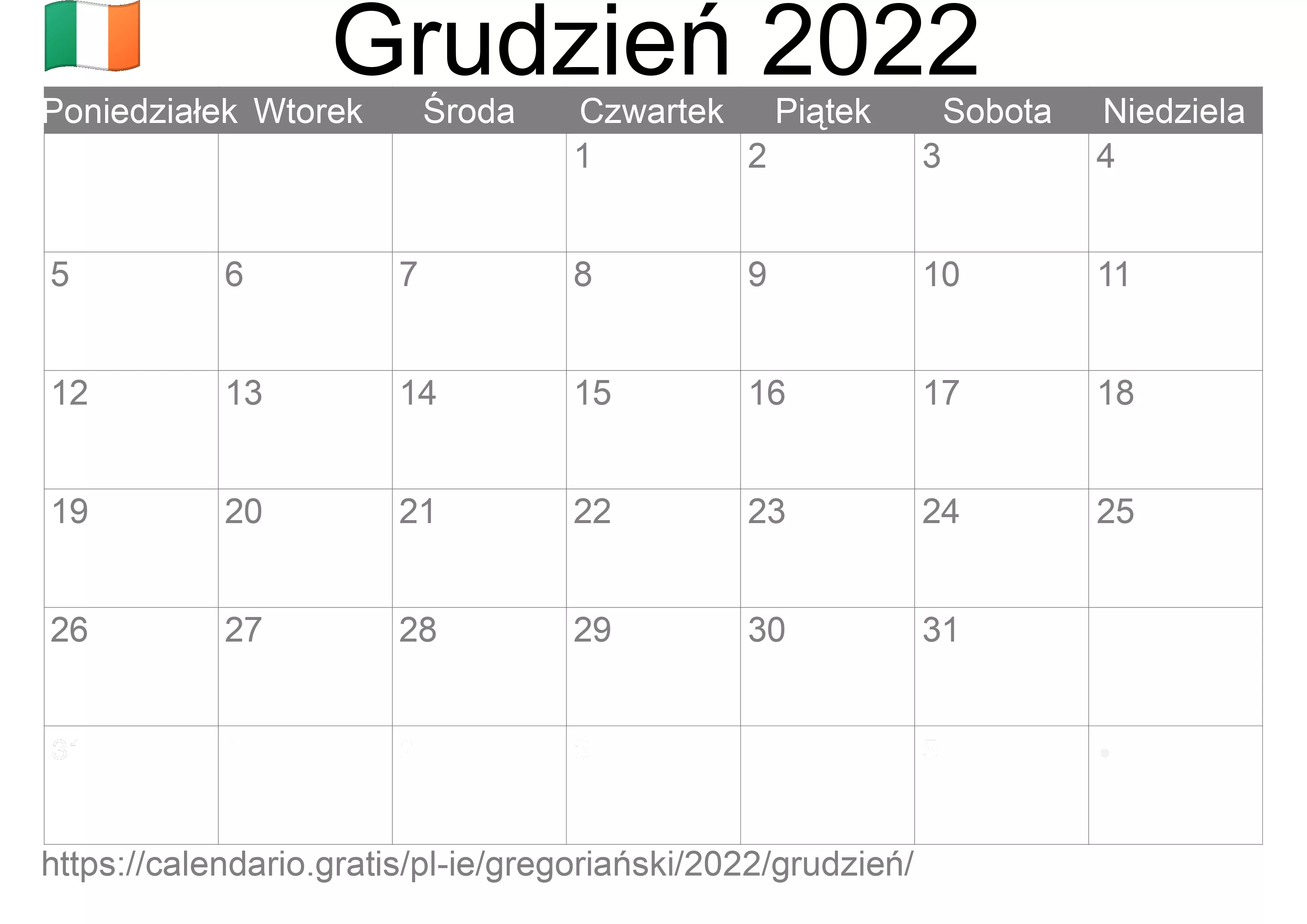 Kalendarz na Grudzień 2022 do druku (Irlandia) Kalendarz na Grudzień 2022 do druku (Irlandia)