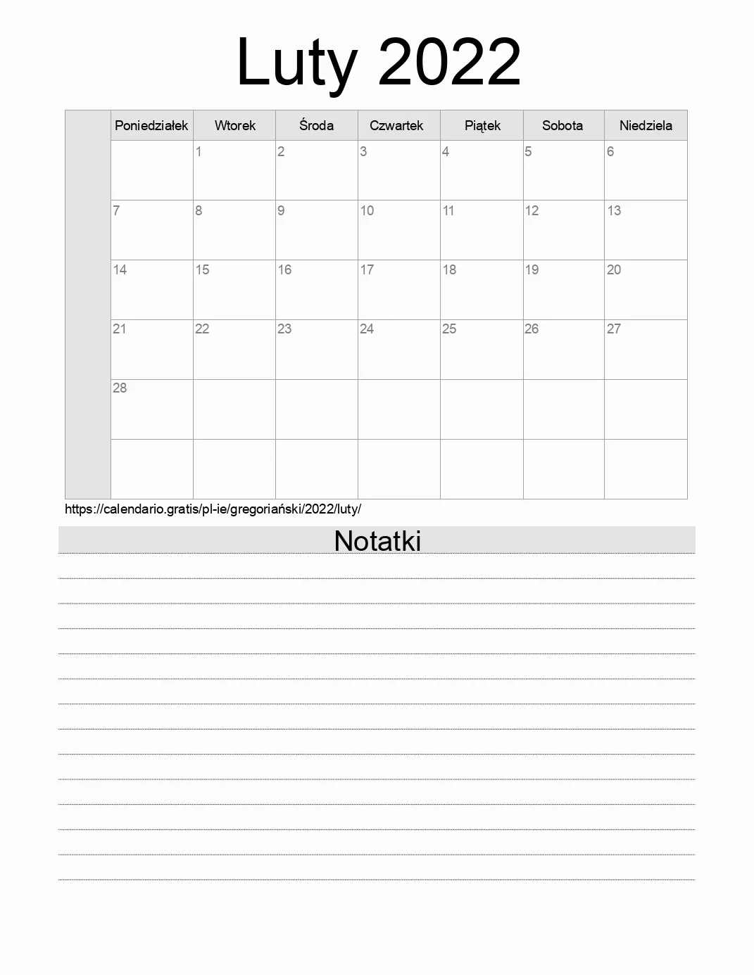 Kalendarz na Luty 2022 do druku z notatkami. (Irlandia)