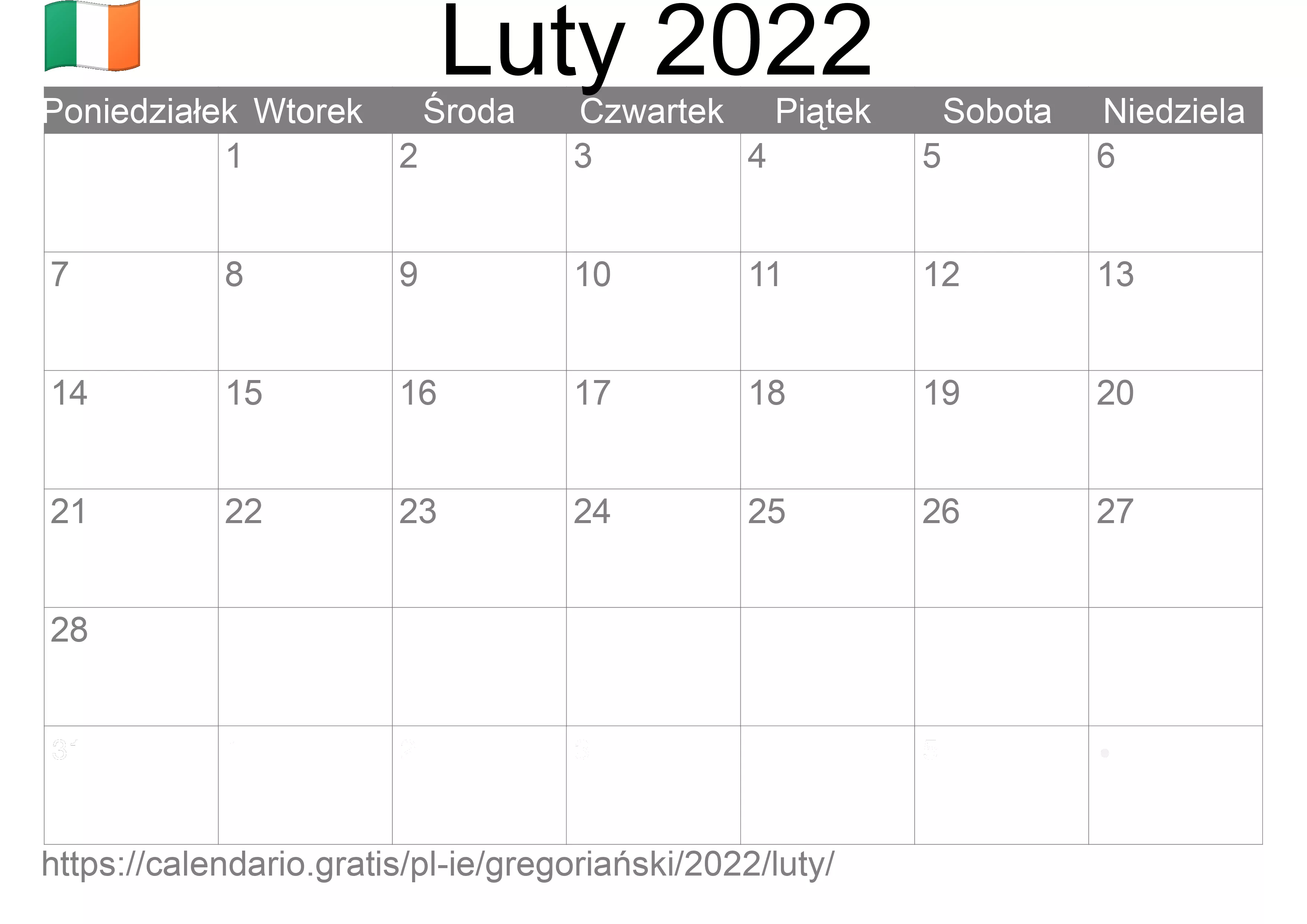 Kalendarz na Luty 2022 do druku (Irlandia)