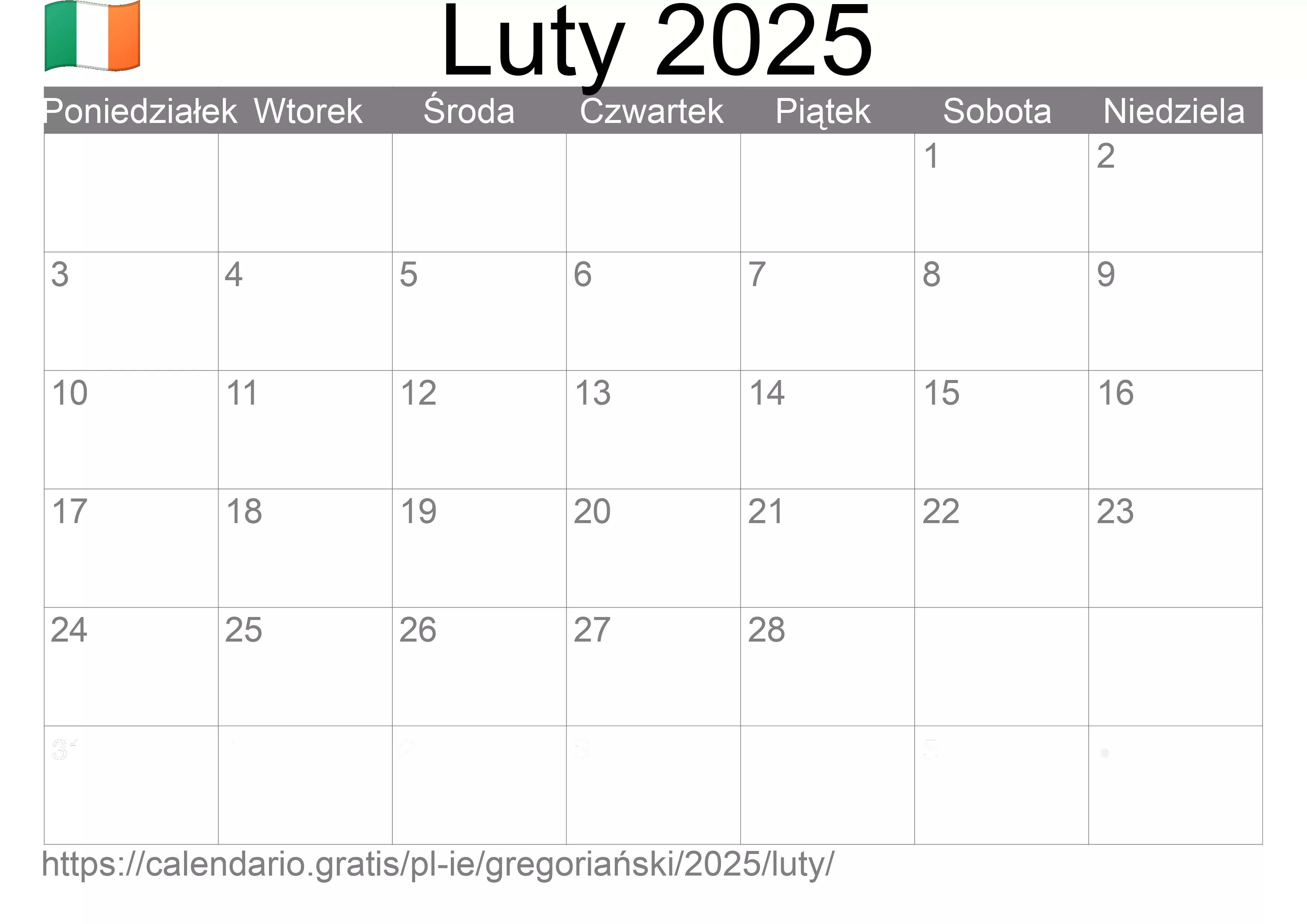 Kalendarz na Luty 2025 do druku (Irlandia)