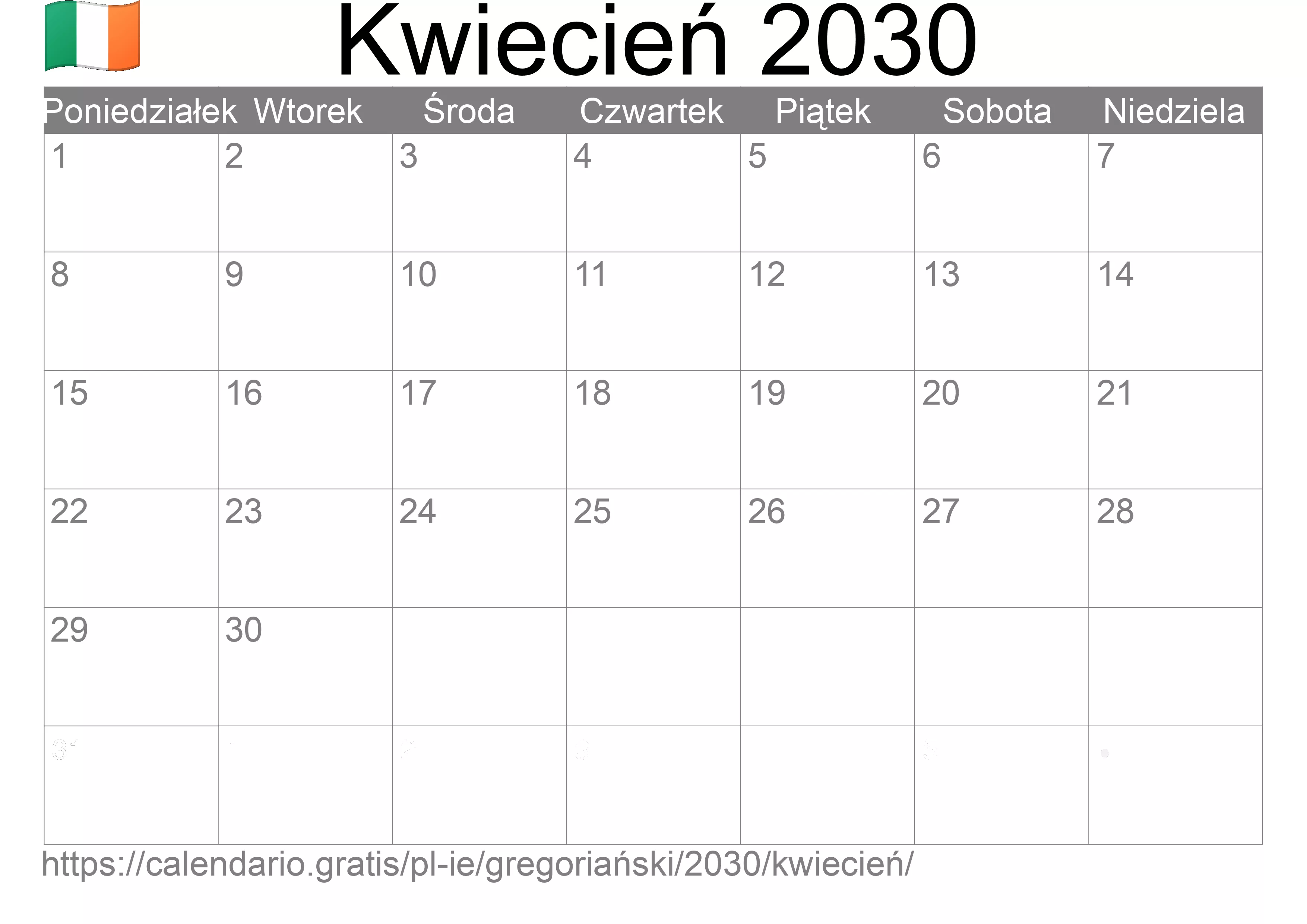Kalendarz na Kwiecień 2030 do druku (Irlandia)