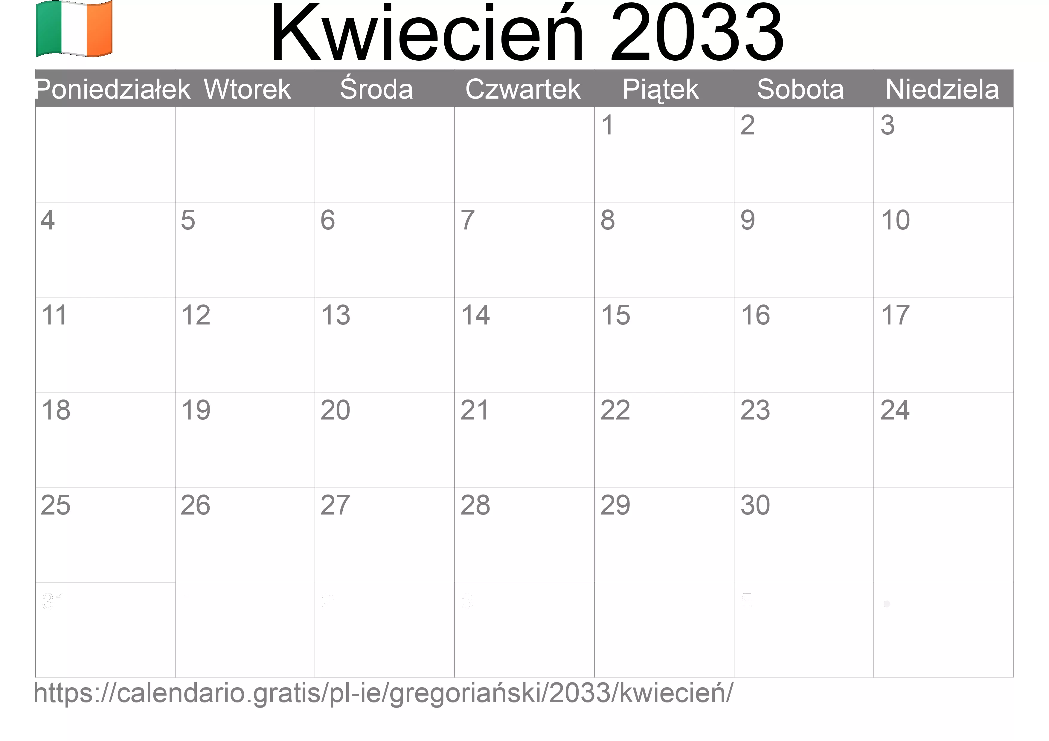 Kalendarz na Kwiecień 2033 do druku (Irlandia)