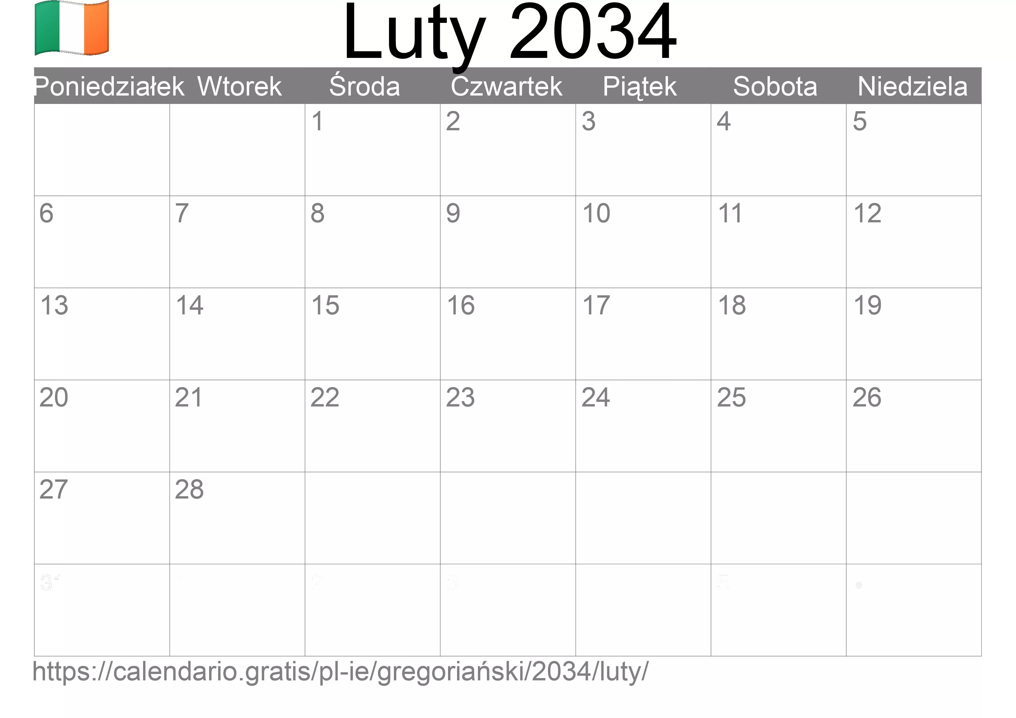 Kalendarz na Luty 2034 do druku (Irlandia)