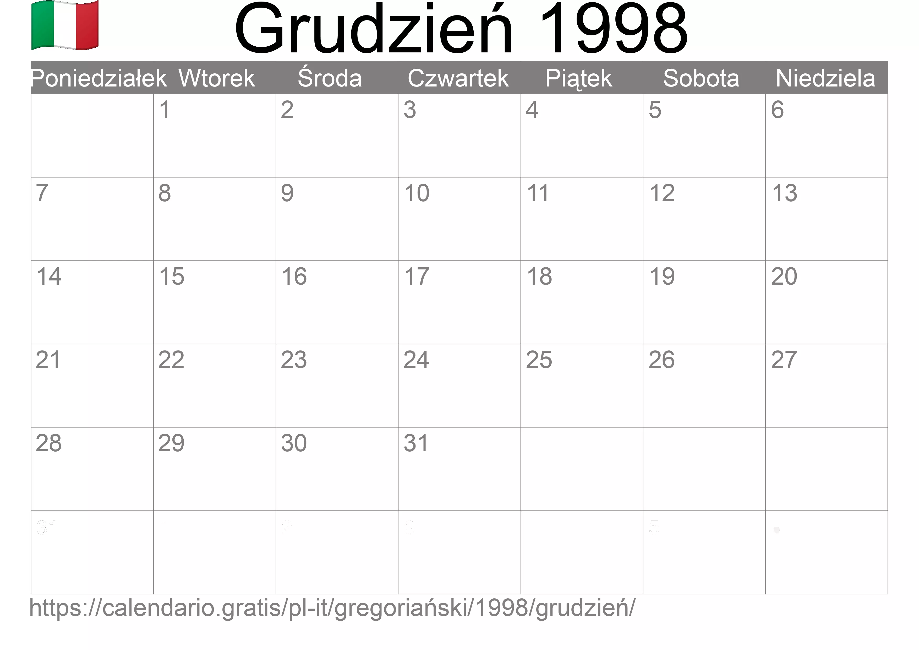 Kalendarz na Grudzień 1998 do druku (Włochy) Kalendarz na Grudzień 1998 do druku (Włochy)