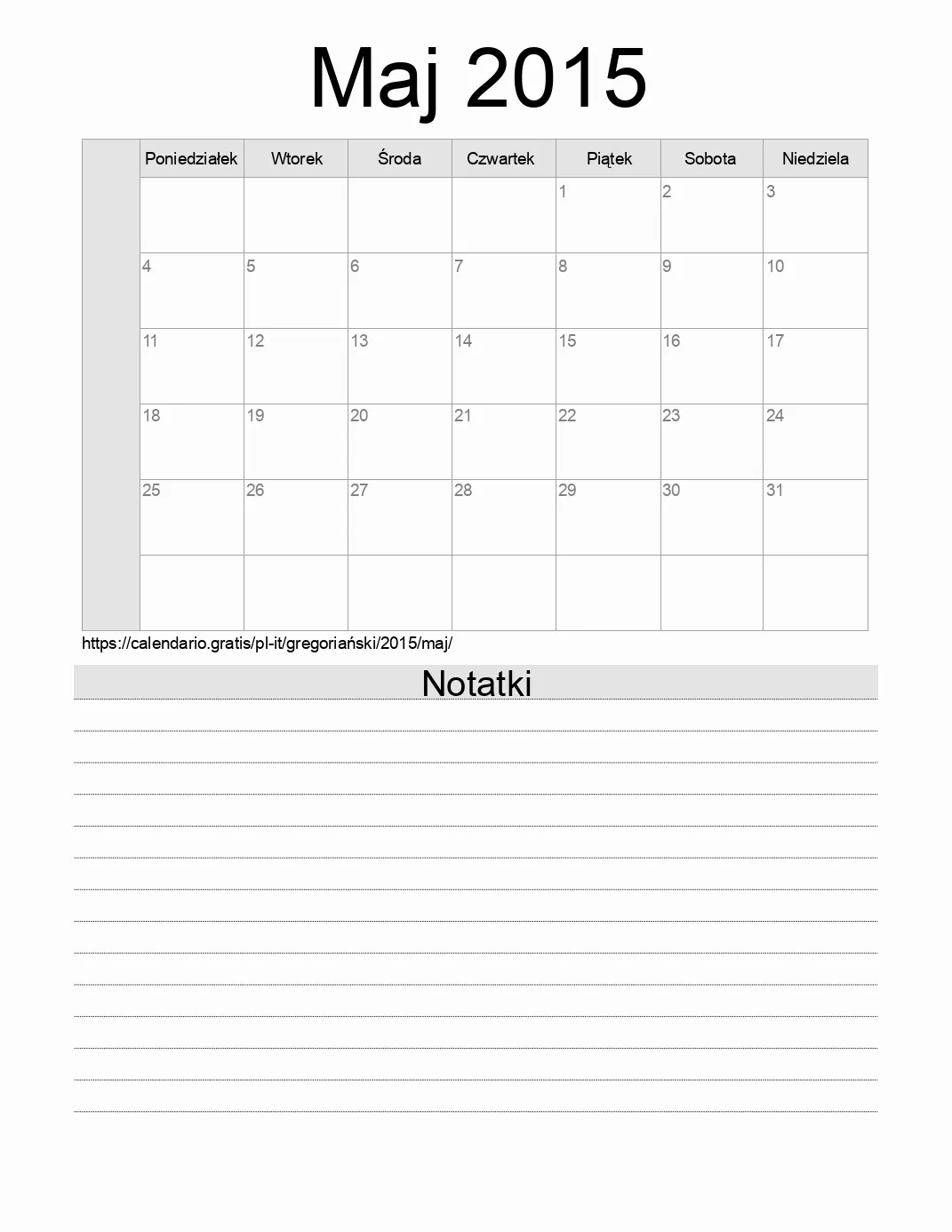 Kalendarz na Maj 2015 do druku z notatkami. (Włochy) Kalendarz na Maj 2015 do druku z notatkami. (Włochy)