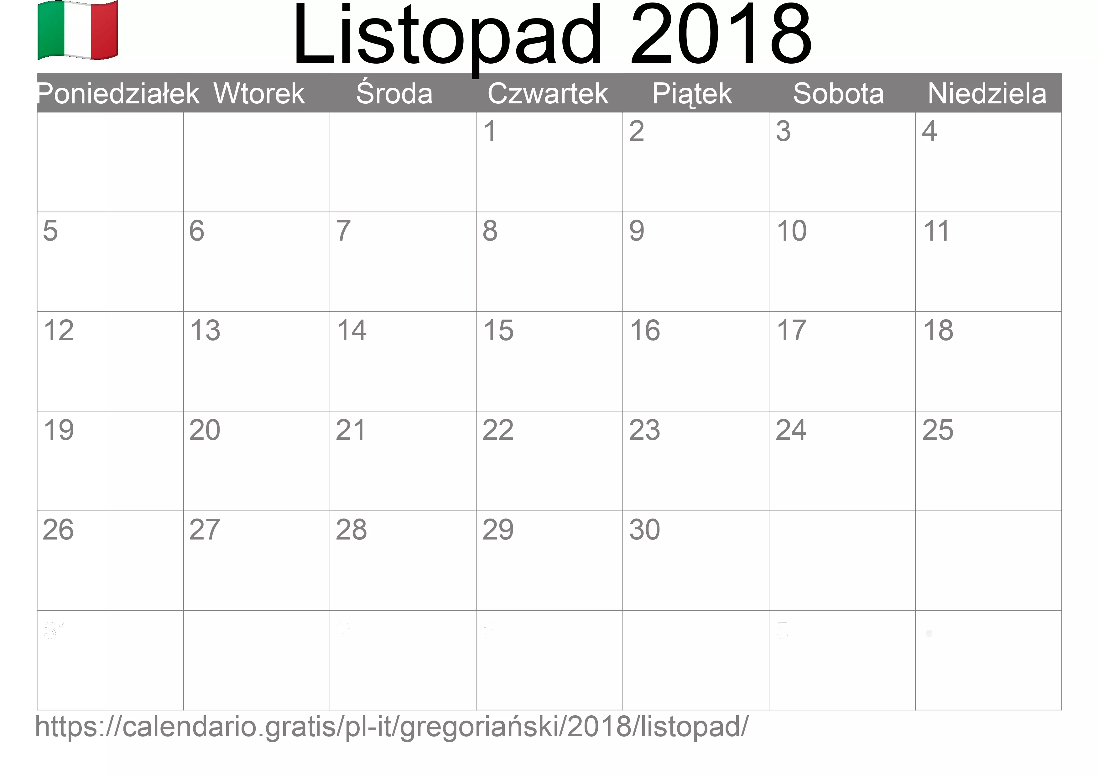 Kalendarz na Listopad 2018 do druku (Włochy)