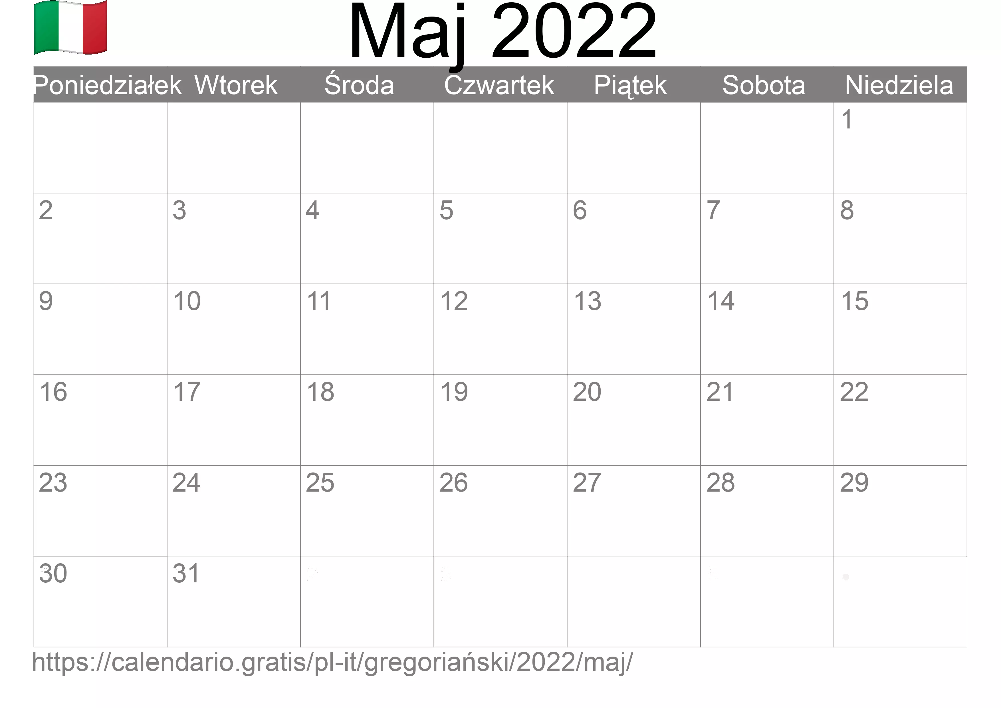 Kalendarz na Maj 2022 do druku (Włochy) Kalendarz na Maj 2022 do druku (Włochy)