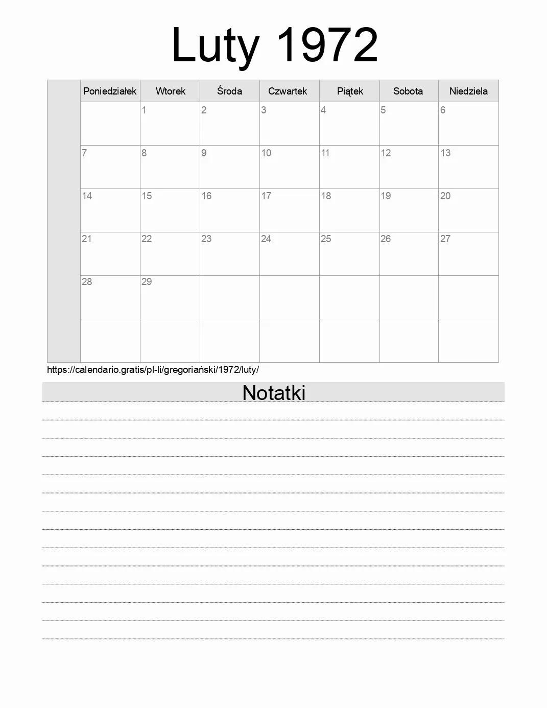 Kalendarz na Luty 1972 do druku z notatkami. (Liechtenstein)