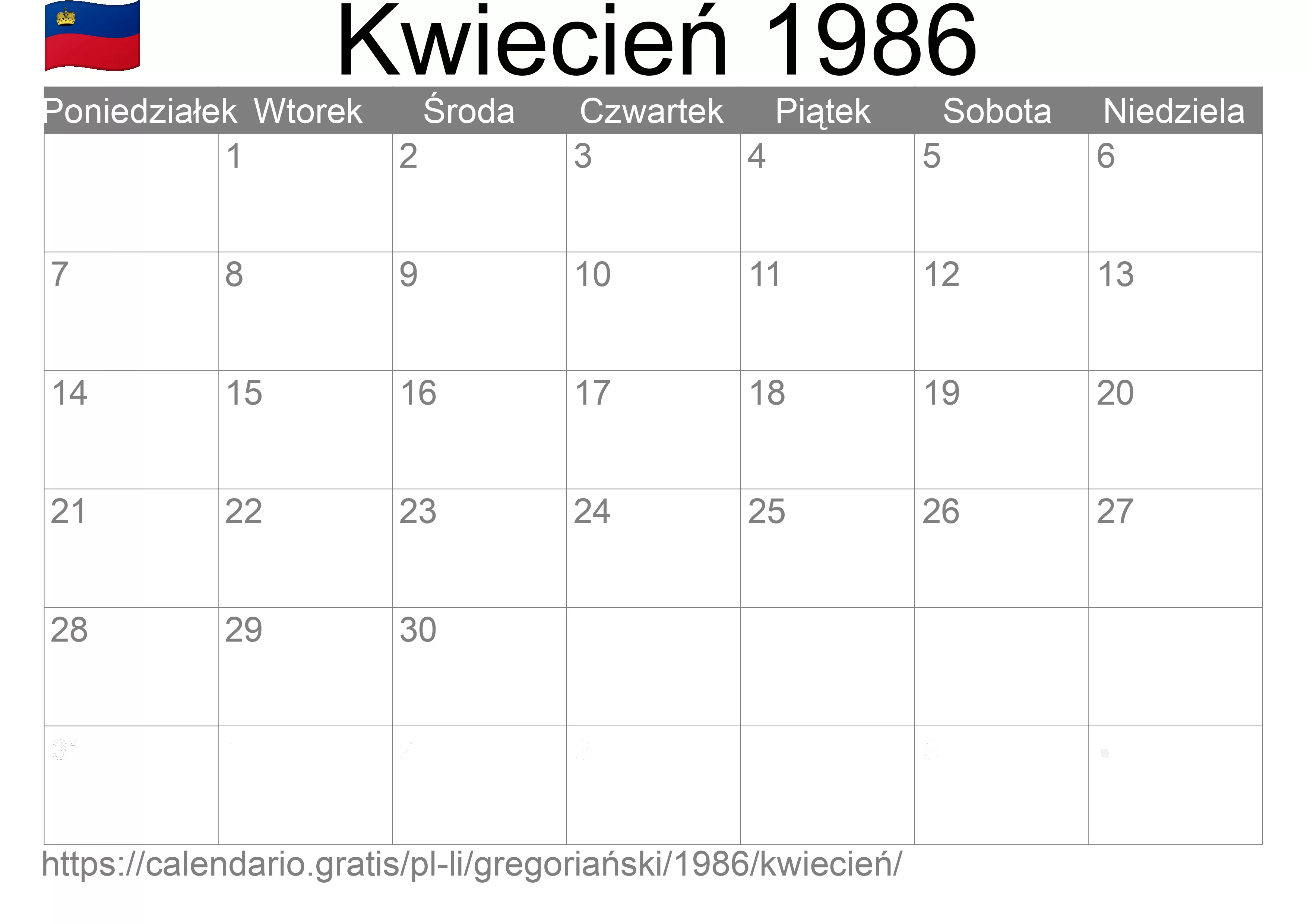 Kalendarz na Kwiecień 1986 do druku (Liechtenstein)
