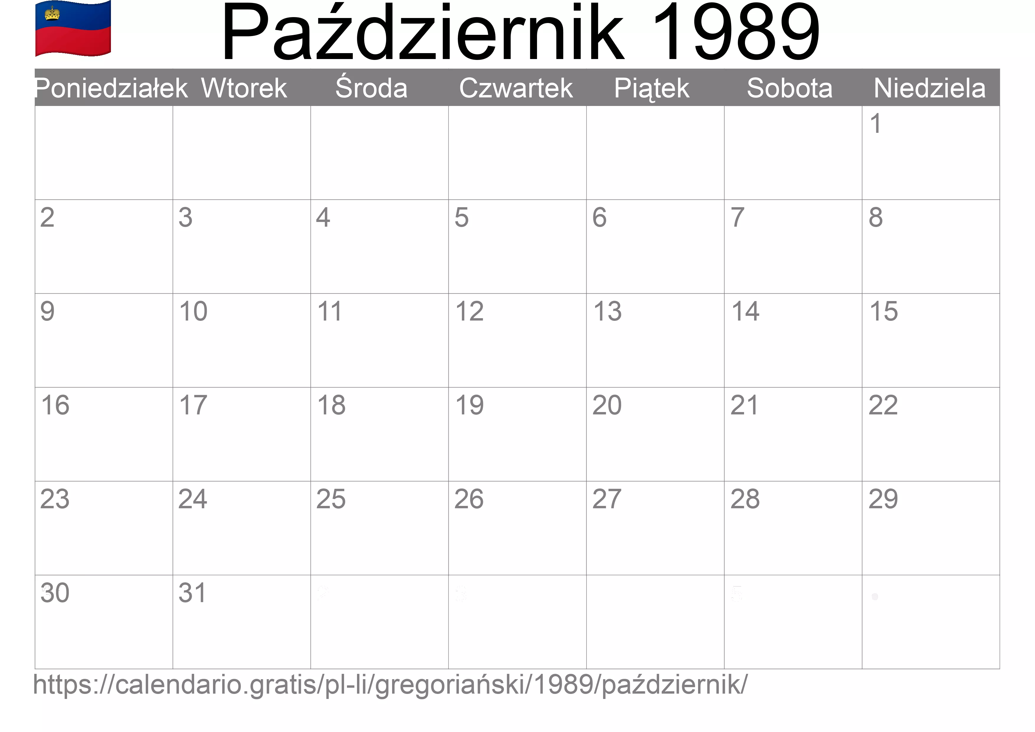Kalendarz na Październik 1989 do druku (Liechtenstein) Kalendarz na Październik 1989 do druku (Liechtenstein)