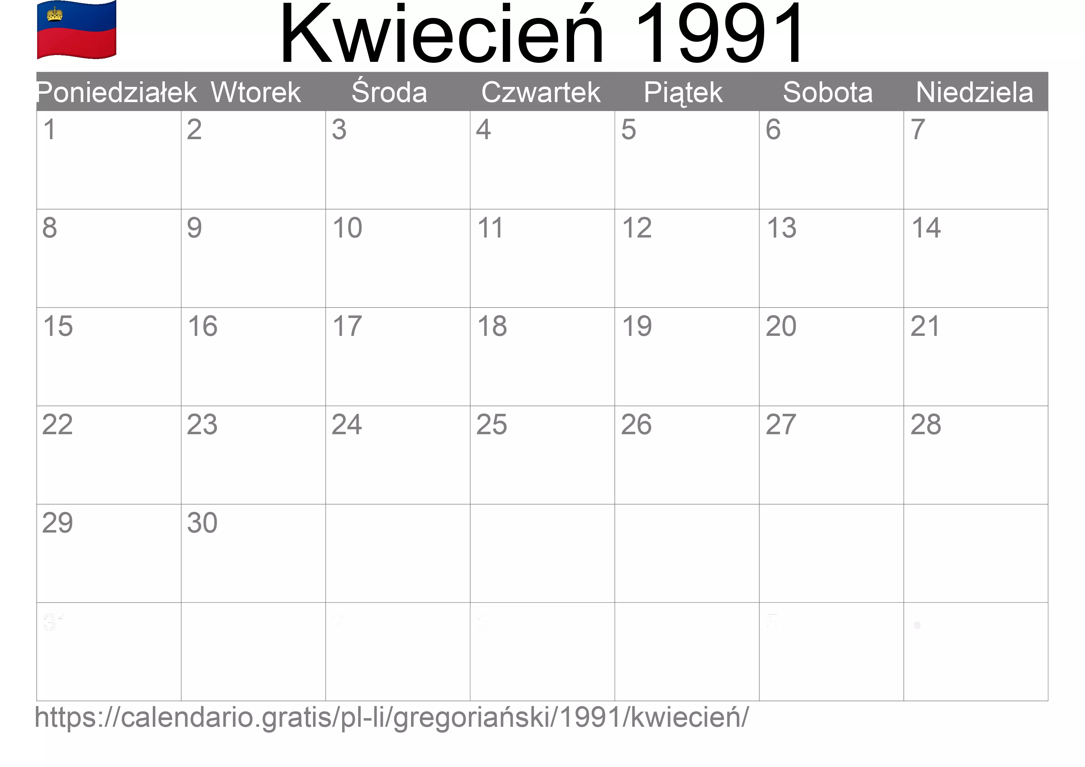Kalendarz na Kwiecień 1991 do druku (Liechtenstein)