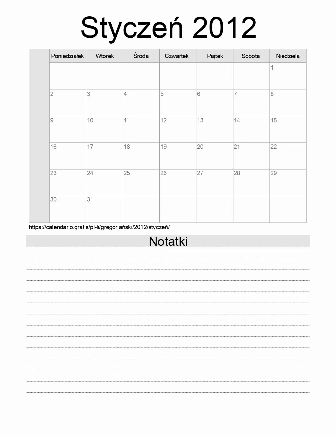 Kalendarz na Styczeń 2012 do druku z notatkami. (Liechtenstein) Kalendarz na Styczeń 2012 do druku z notatkami. (Liechtenstein)