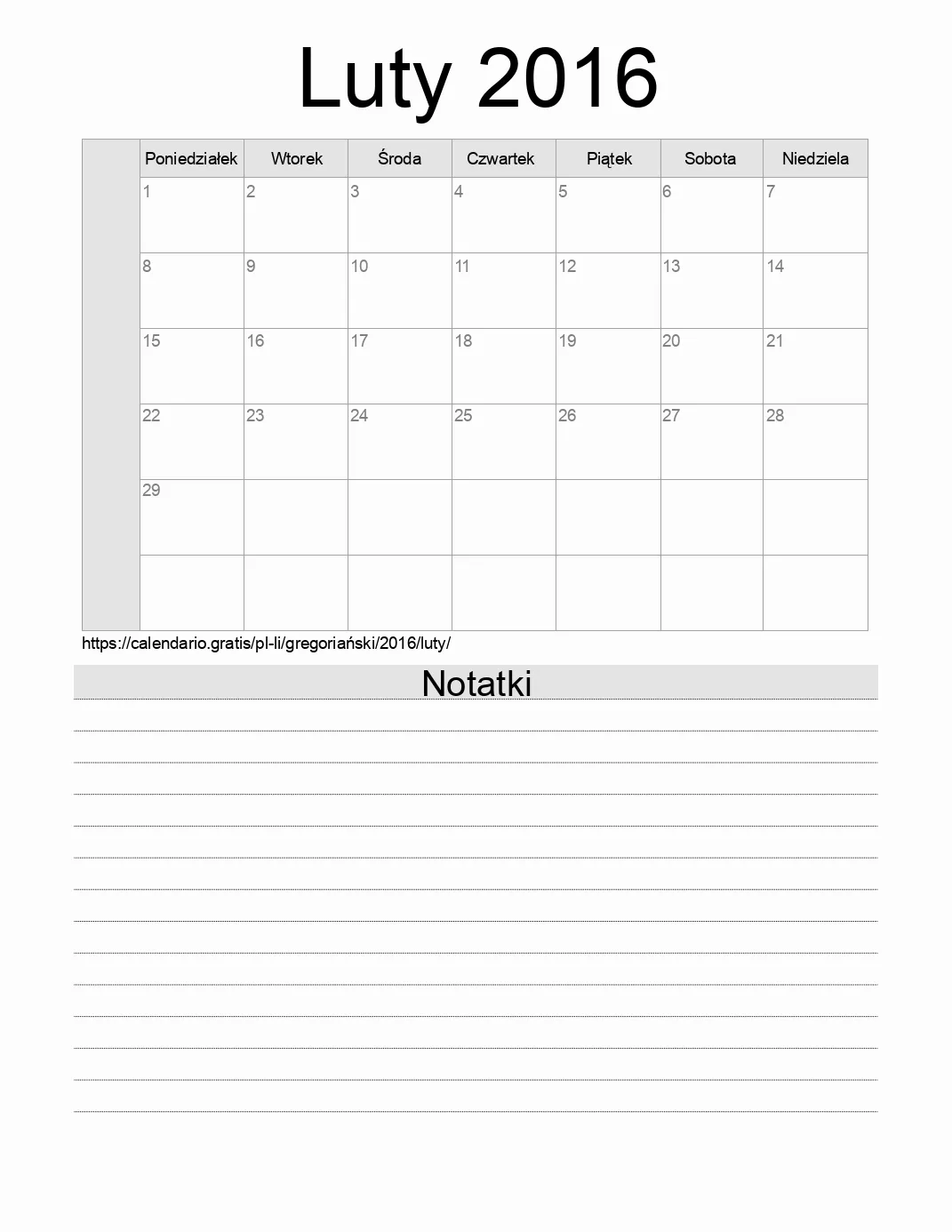 Kalendarz na Luty 2016 do druku z notatkami. (Liechtenstein)