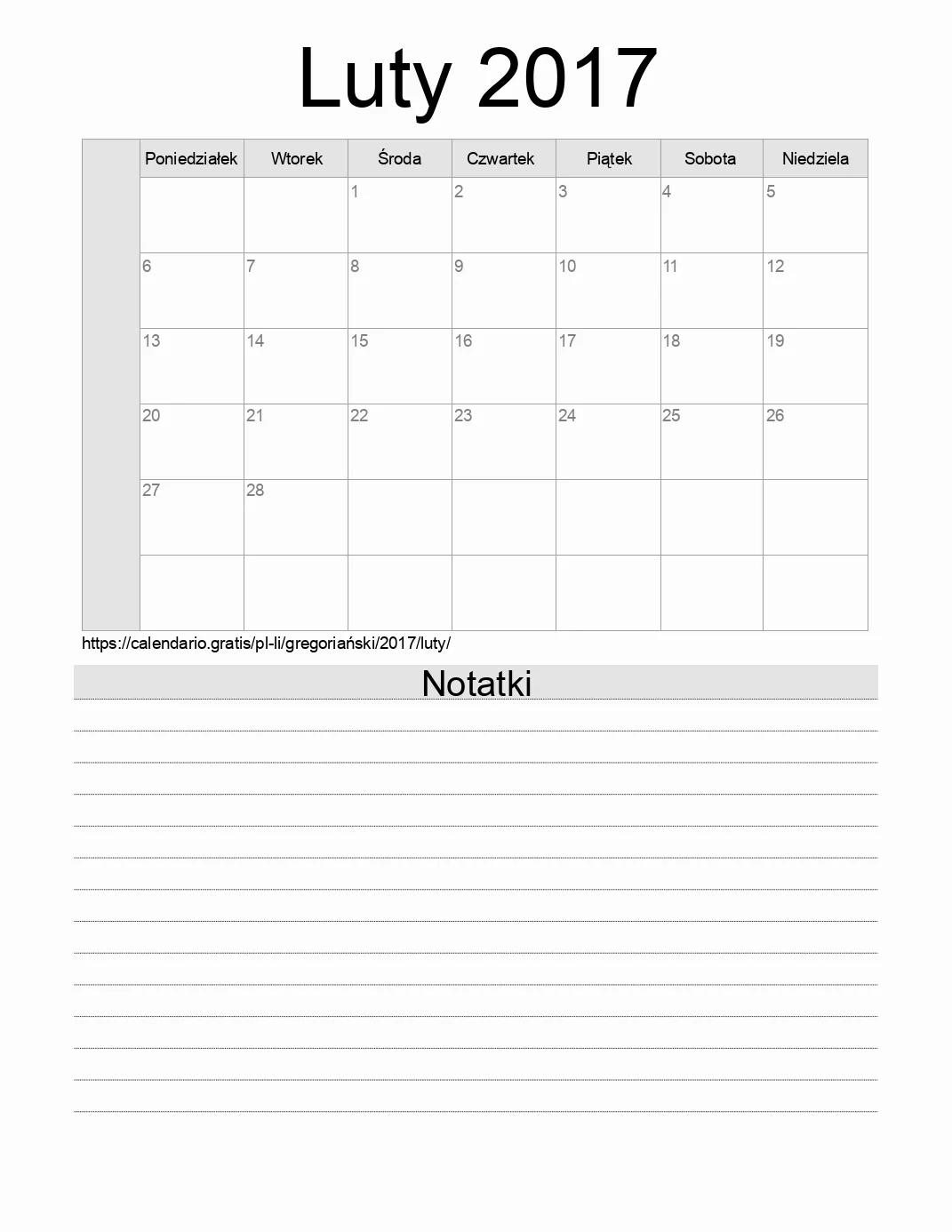 Kalendarz na Luty 2017 do druku z notatkami. (Liechtenstein)