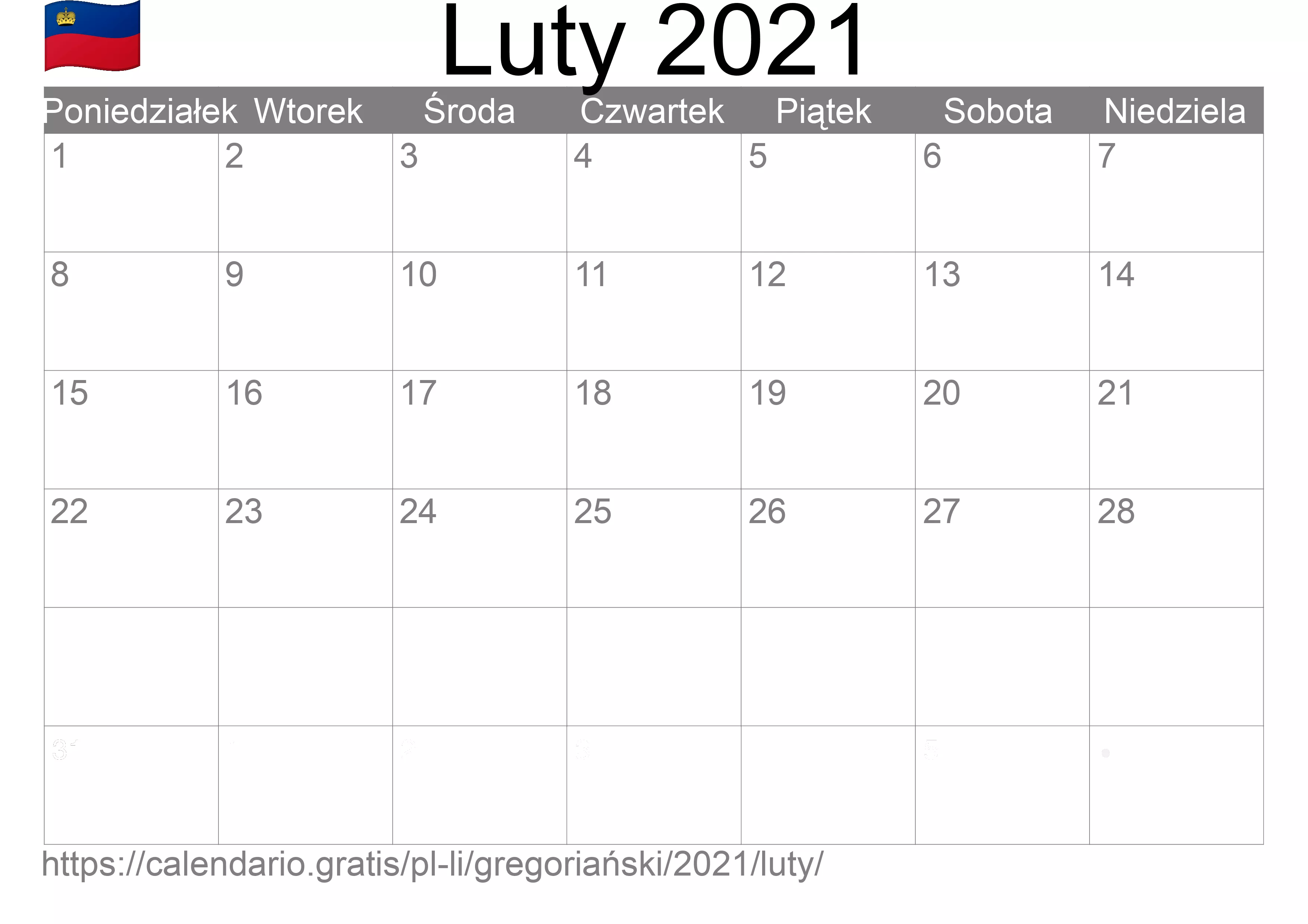 Kalendarz na Luty 2021 do druku (Liechtenstein)