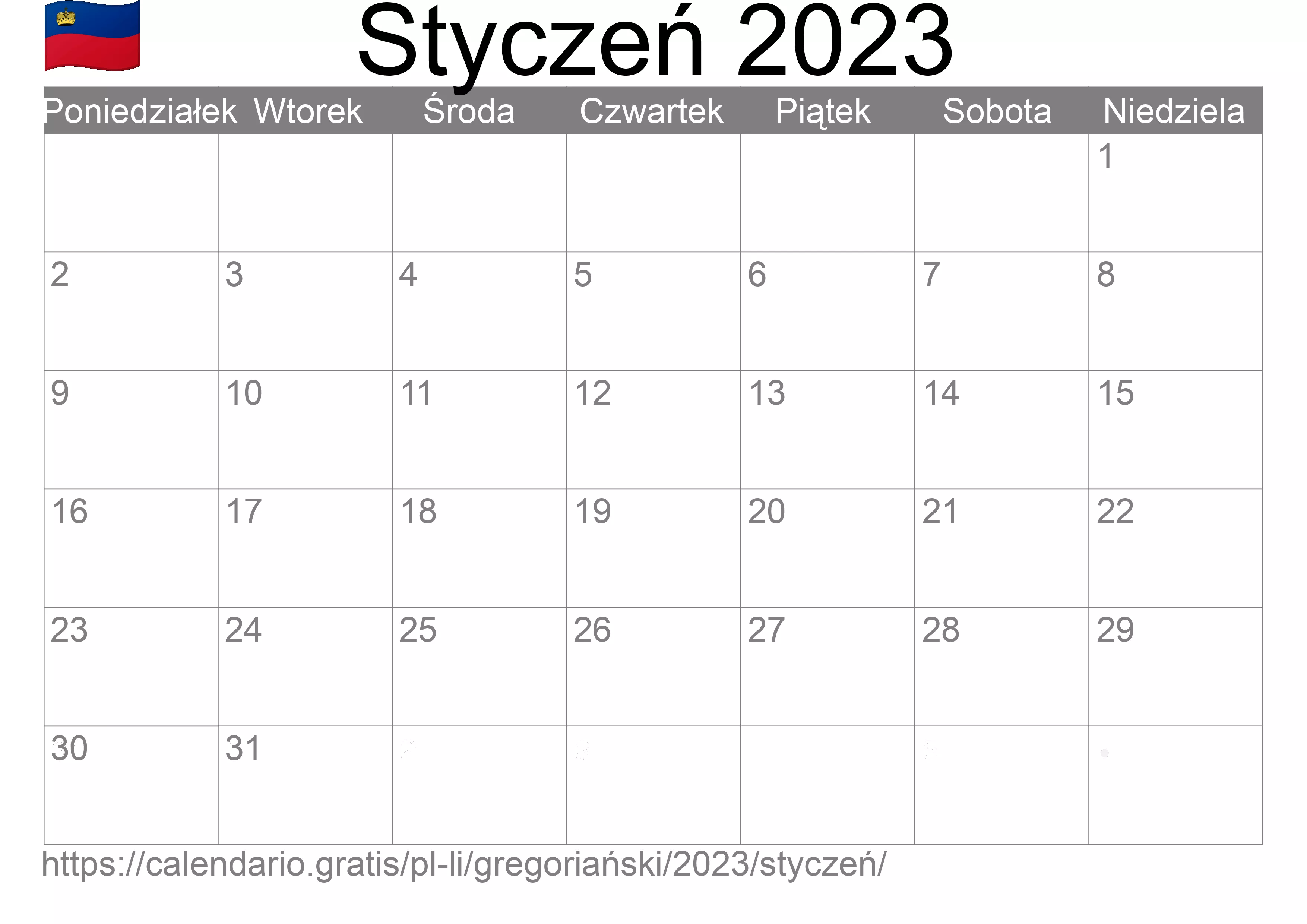 Kalendarz na Styczeń 2023 do druku (Liechtenstein) Kalendarz na Styczeń 2023 do druku (Liechtenstein)