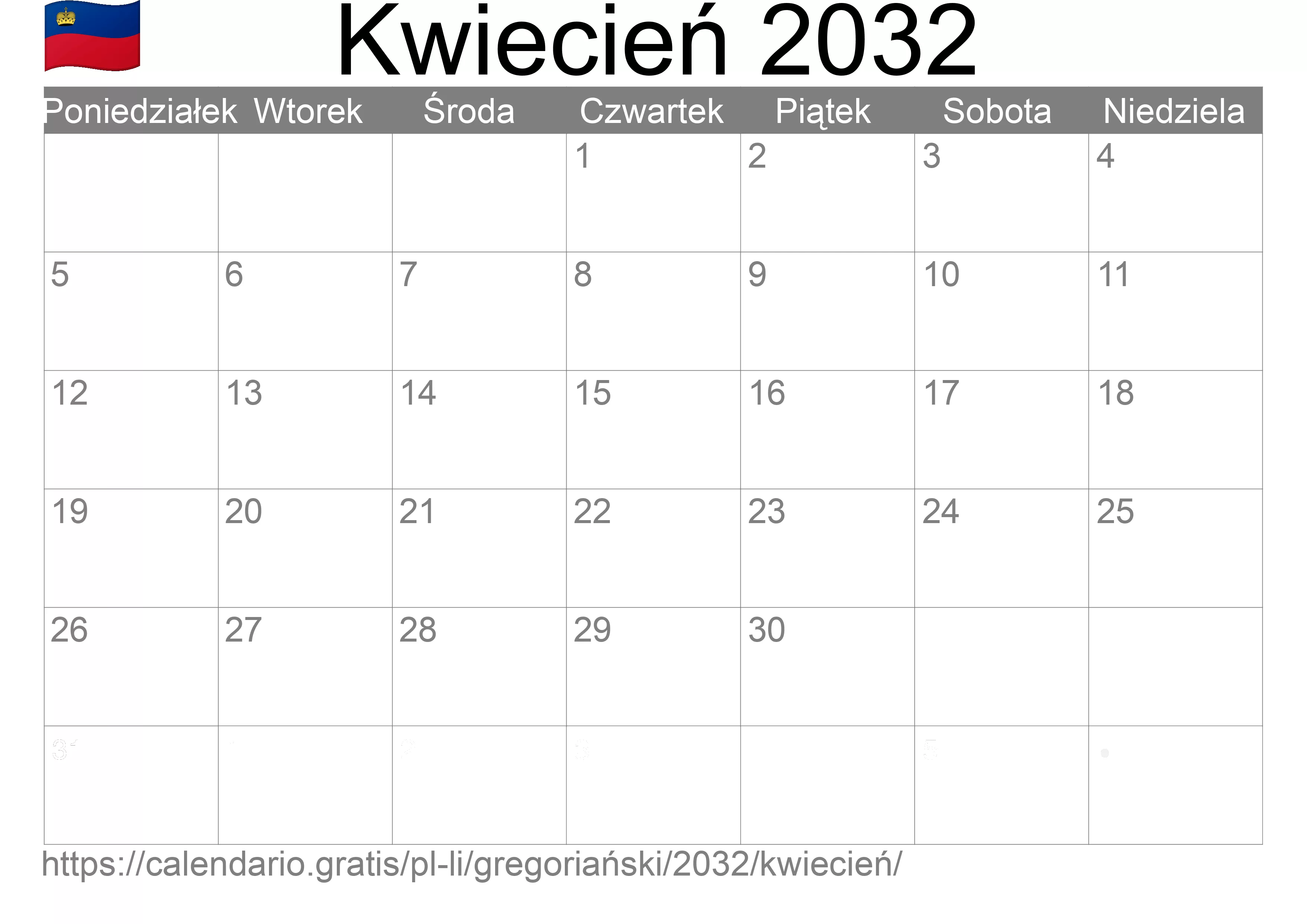 Kalendarz na Kwiecień 2032 do druku (Liechtenstein)