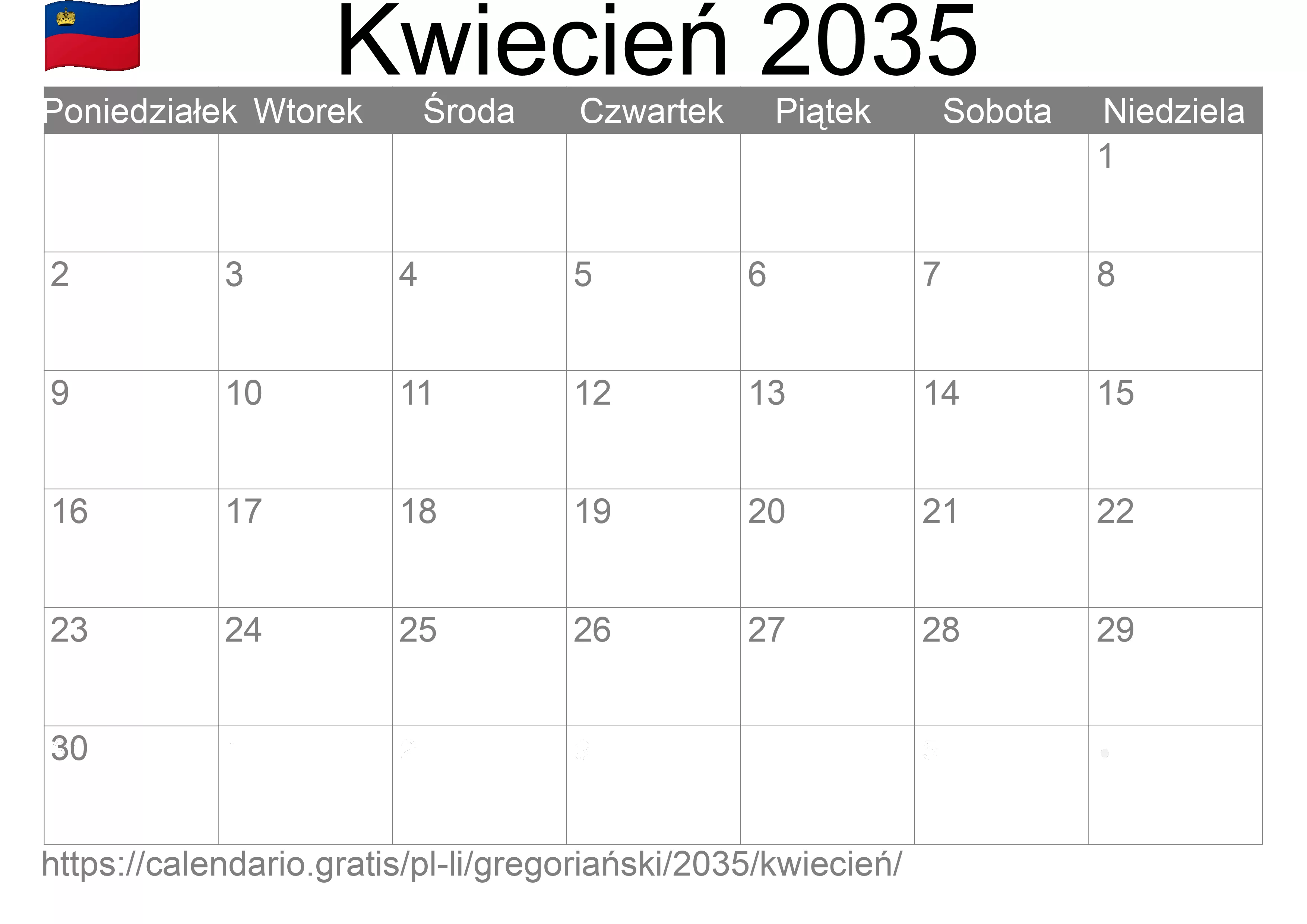 Kalendarz na Kwiecień 2035 do druku (Liechtenstein)