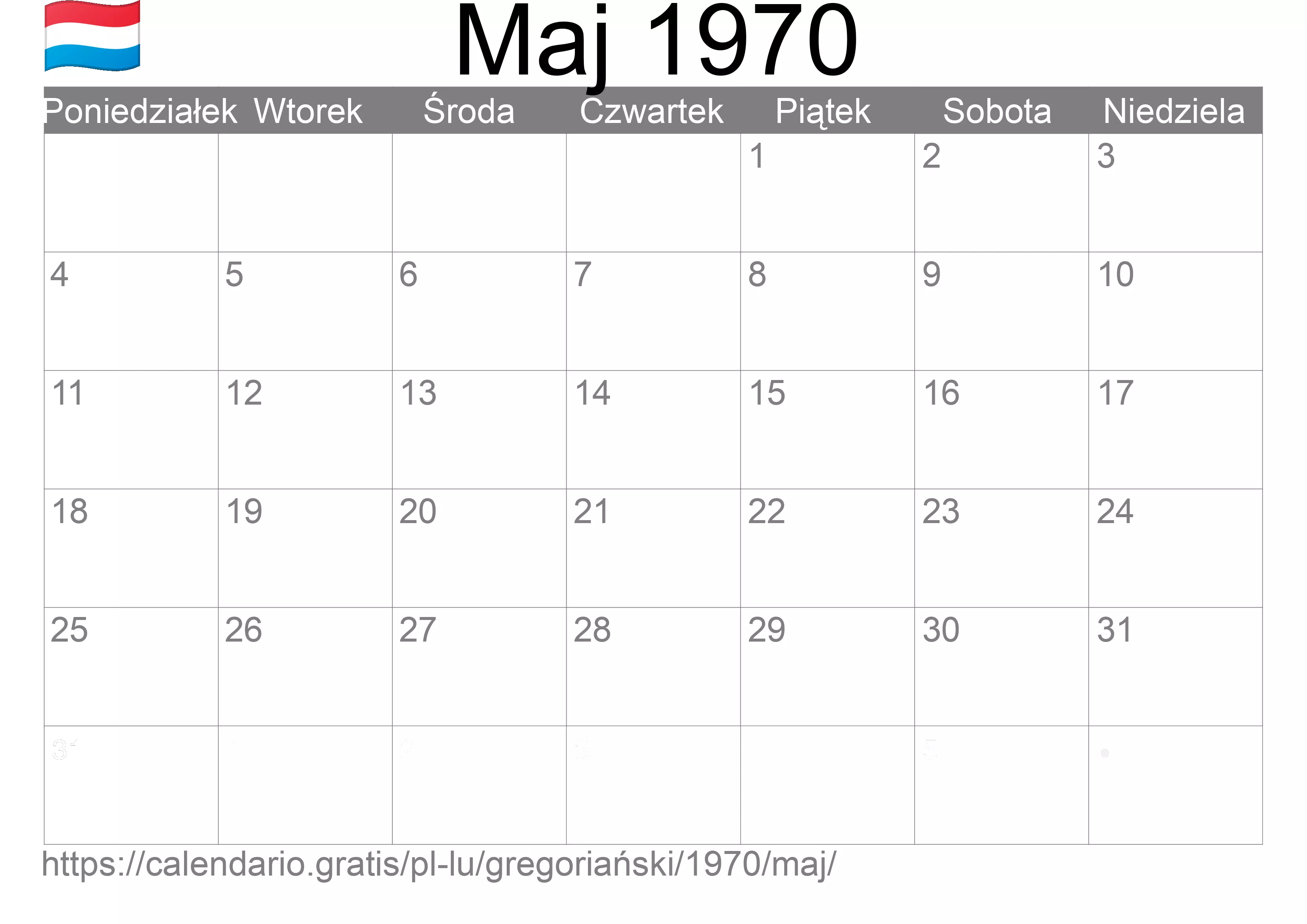 Kalendarz na Maj 1970 do druku (Luksemburg)