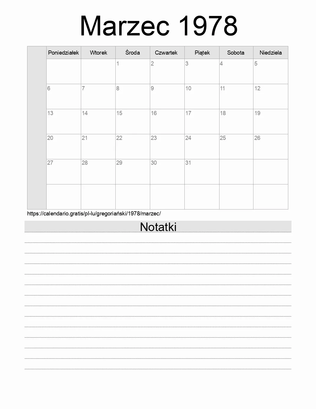 Kalendarz na Marzec 1978 do druku z notatkami. (Luksemburg) Kalendarz na Marzec 1978 do druku z notatkami. (Luksemburg)
