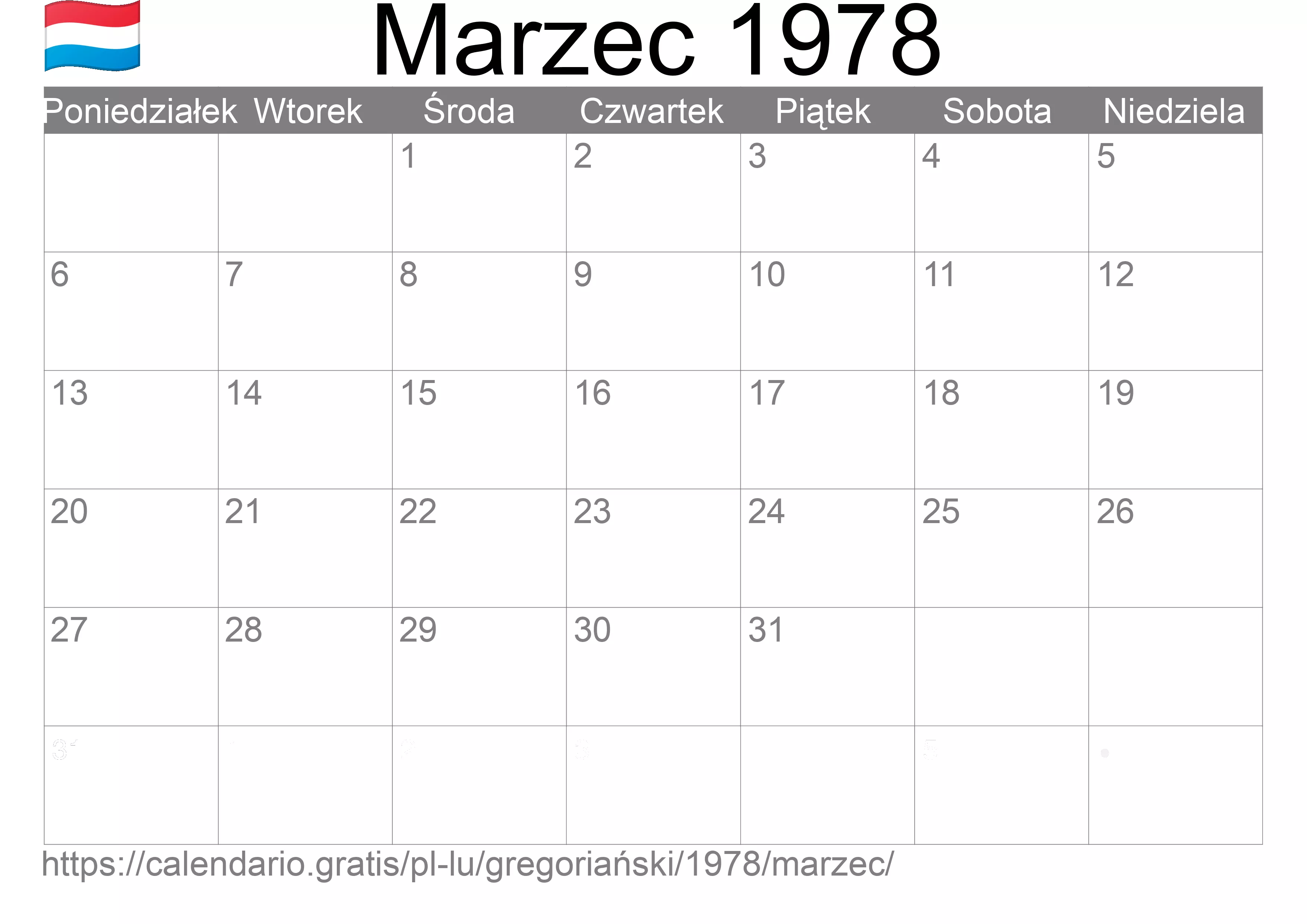 Kalendarz na Marzec 1978 do druku (Luksemburg) Kalendarz na Marzec 1978 do druku (Luksemburg)