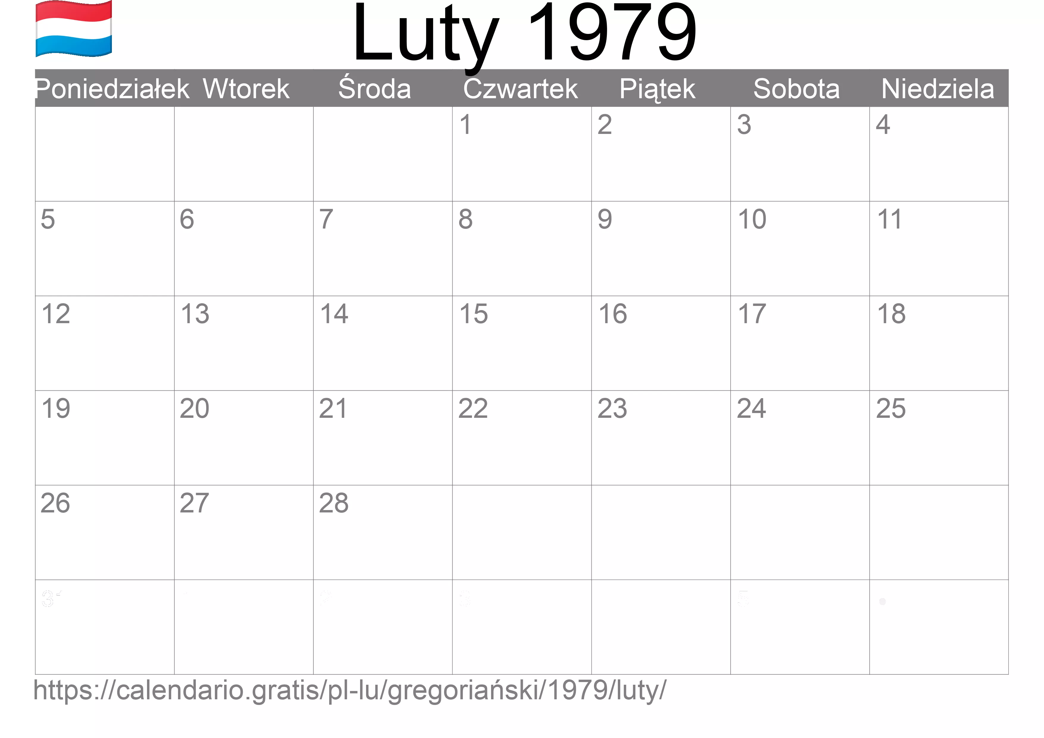 Kalendarz na Luty 1979 do druku (Luksemburg)