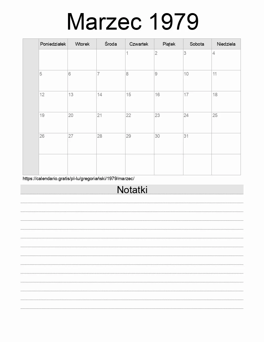 Kalendarz na Marzec 1979 do druku z notatkami. (Luksemburg) Kalendarz na Marzec 1979 do druku z notatkami. (Luksemburg)